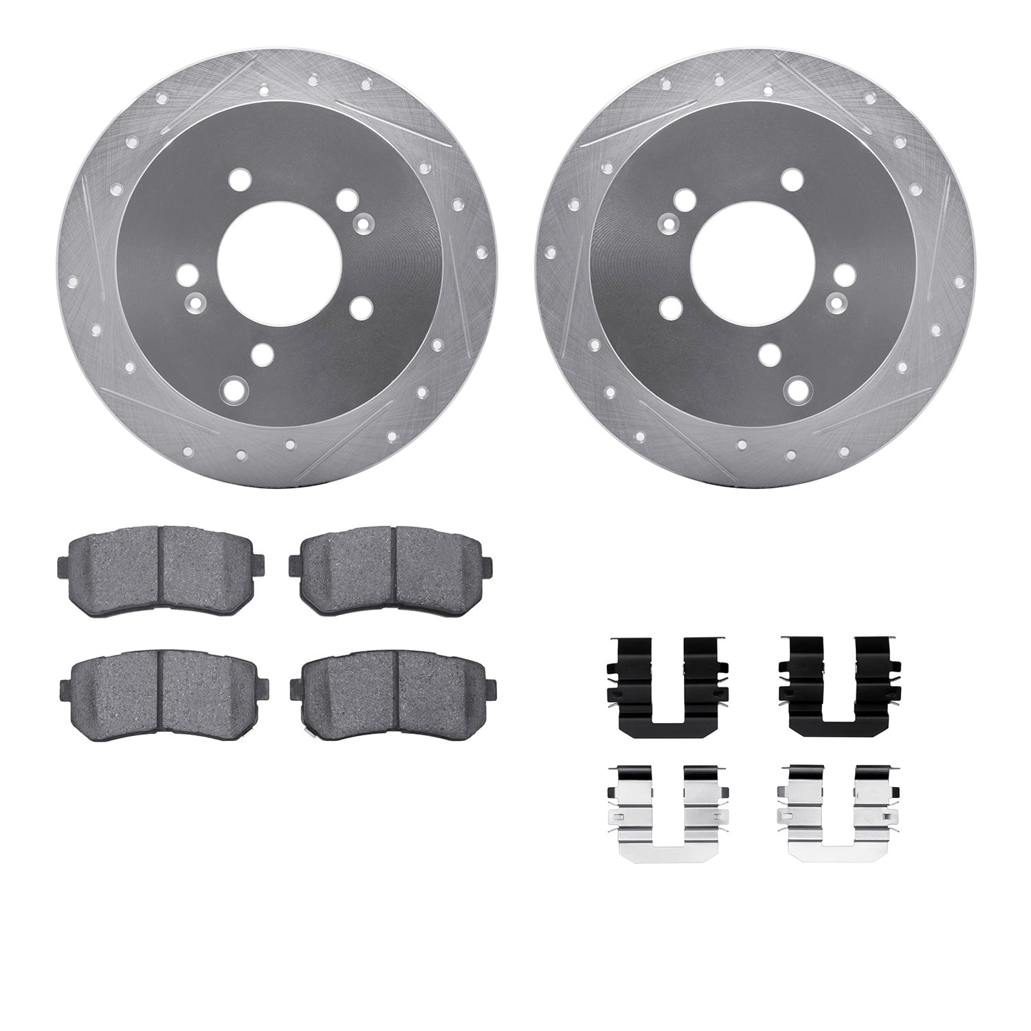 Dynamic Friction Company Rear Brake Rotors-Drilled and Slotted-Silver with 5000 Advanced Brake Pads includes Hardware 7512-03039