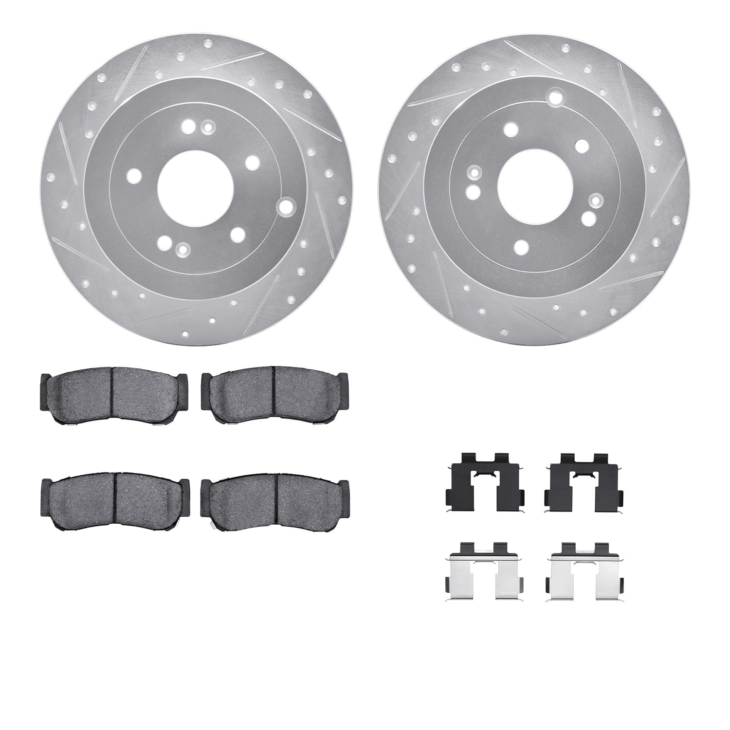 Dynamic Friction Company Rear Brake Rotors-Drilled and Slotted-Silver with 5000 Advanced Brake Pads includes Hardware 7512-03048