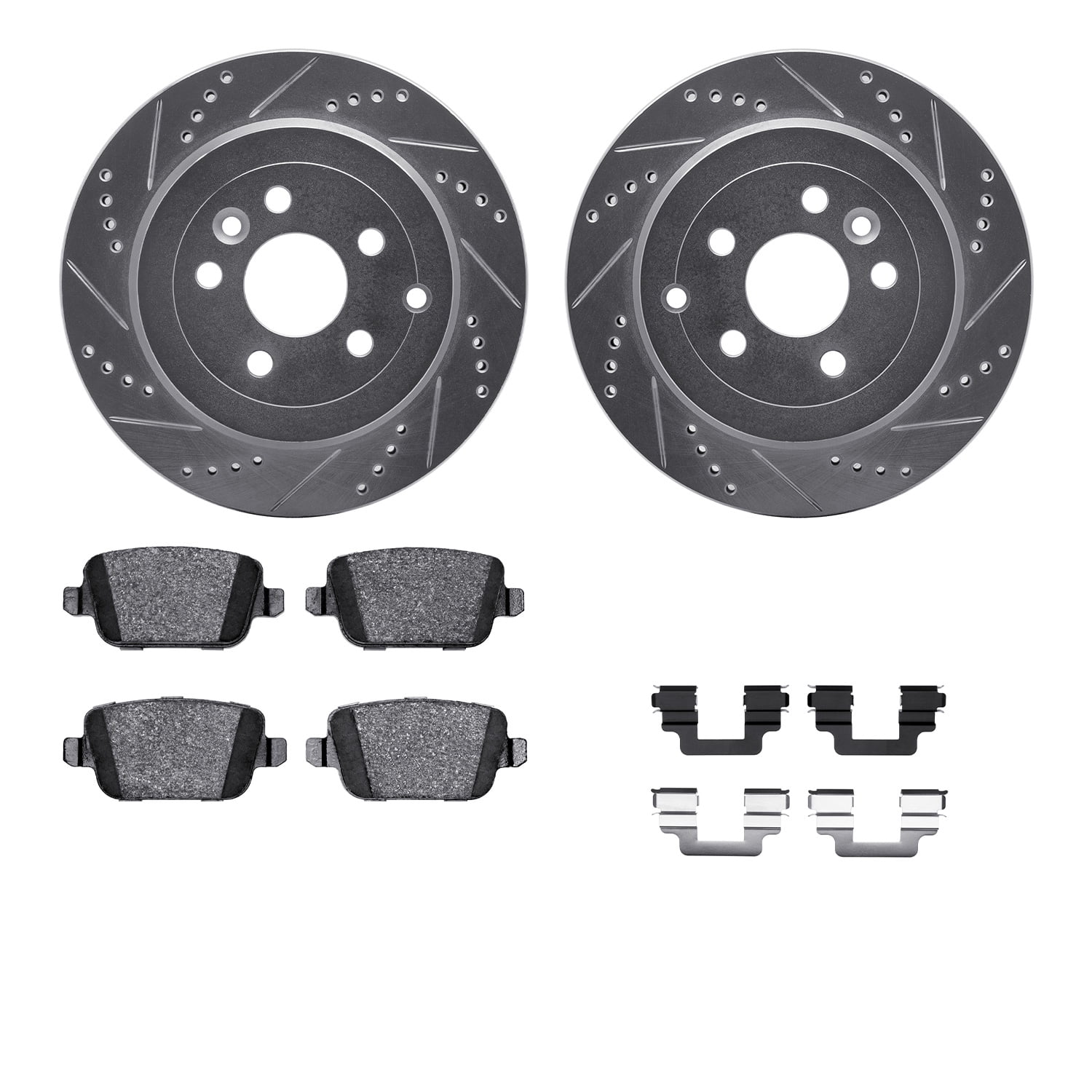 Dynamic Friction Company Rear Brake Rotors-Drilled and Slotted-Silver with 5000 Advanced Brake Pads includes Hardware 7512-11020