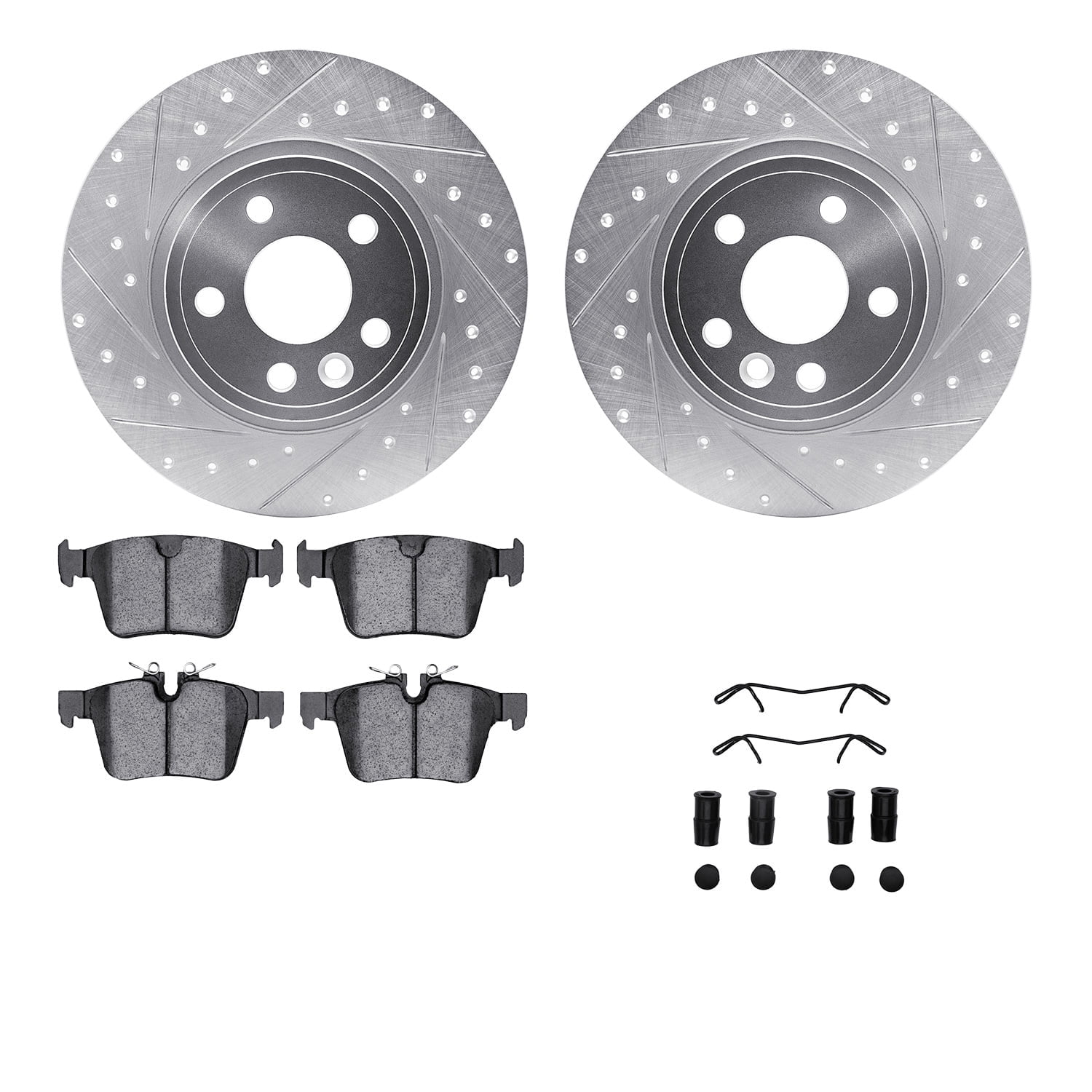 Dynamic Friction Company Rear Brake Rotors-Drilled and Slotted-Silver with 5000 Advanced Brake Pads includes Hardware 7512-11027