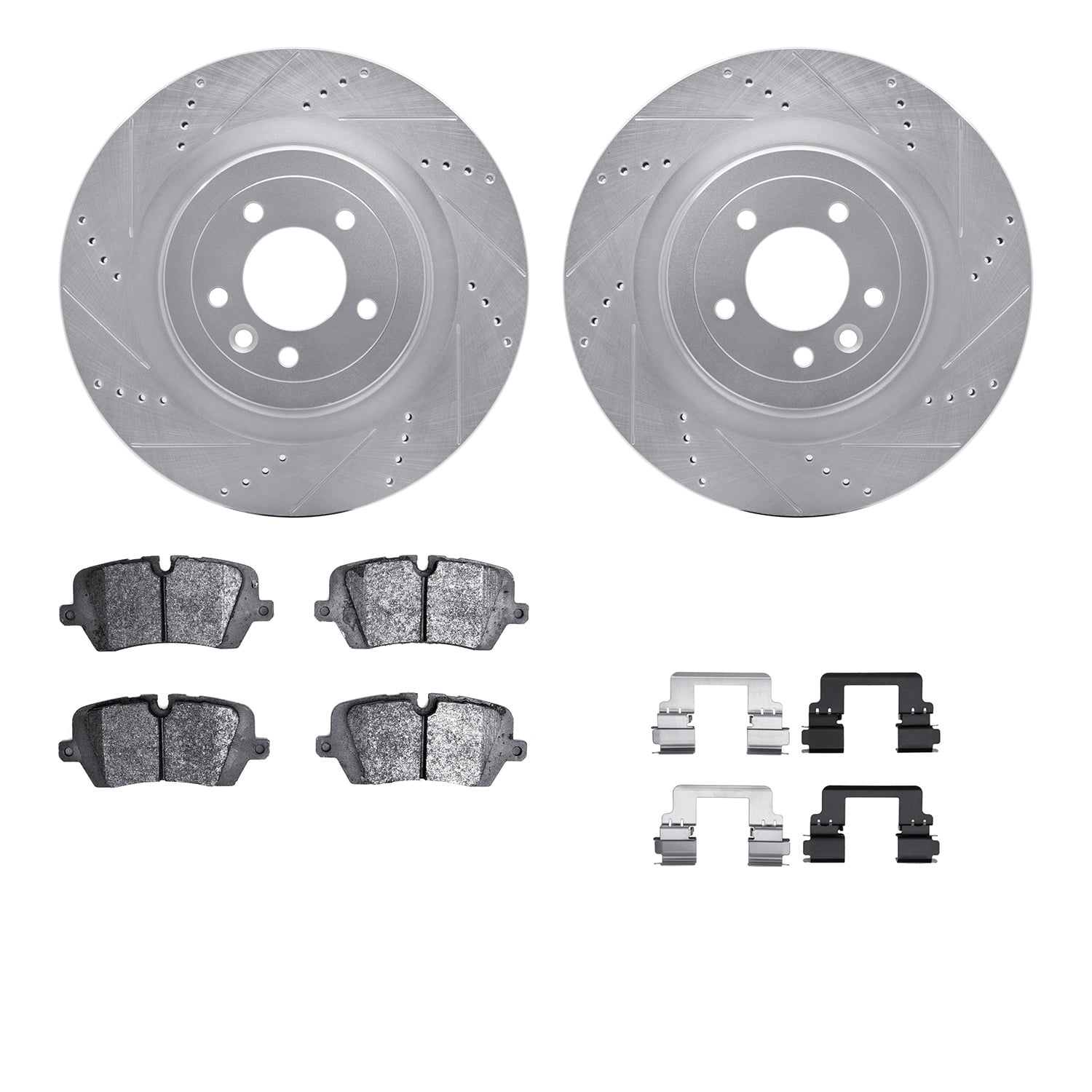 Dynamic Friction Company Rear Brake Rotors-Drilled and Slotted-Silver with 5000 Advanced Brake Pads includes Hardware 7512-11036