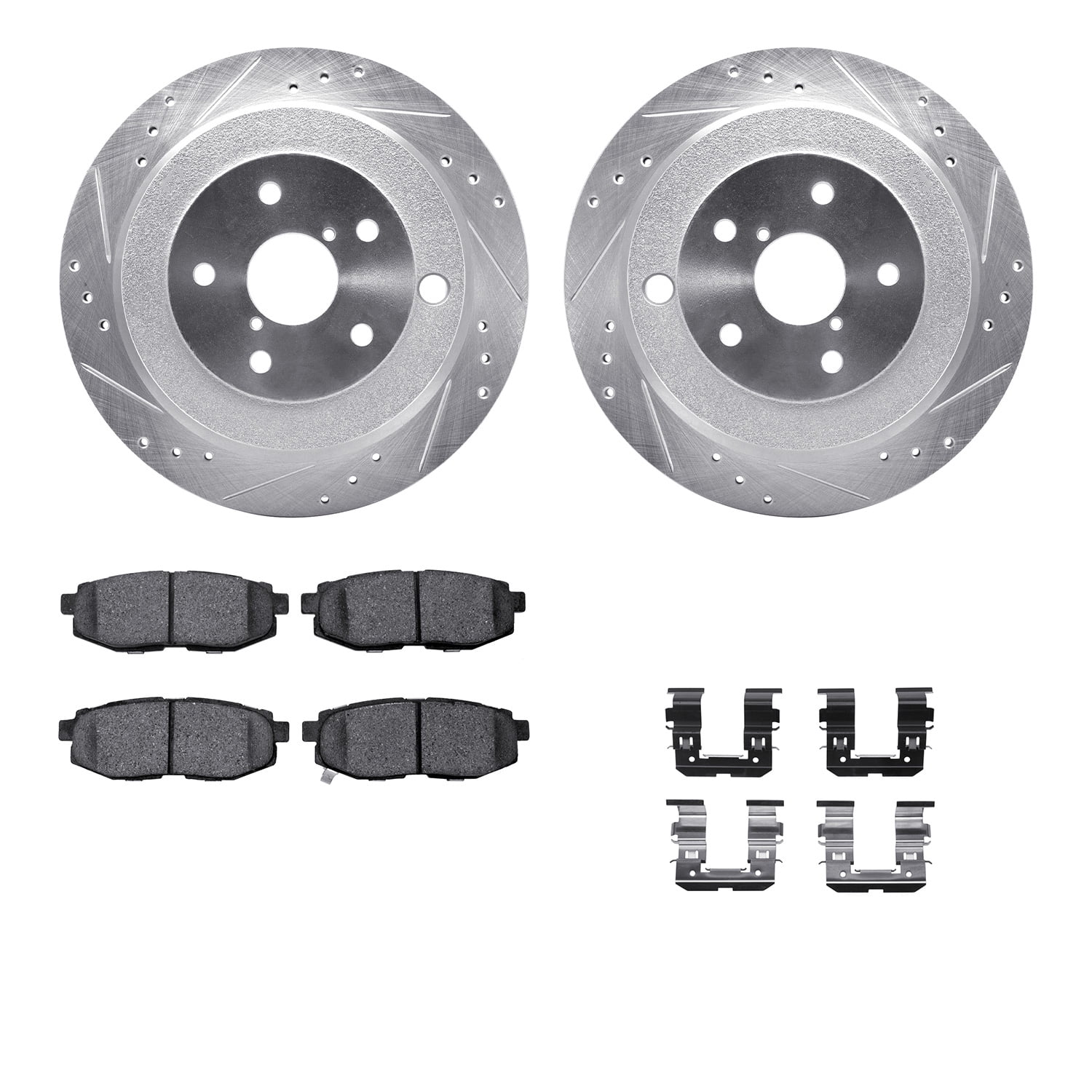 Dynamic Friction Company Rear Brake Rotors-Drilled and Slotted-Silver with 5000 Advanced Brake Pads includes Hardware 7512-13046