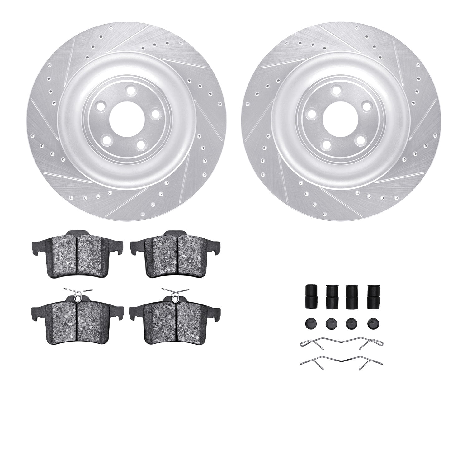 Dynamic Friction Company Rear Brake Rotors-Drilled and Slotted-Silver with 5000 Advanced Brake Pads includes Hardware 7512-20020