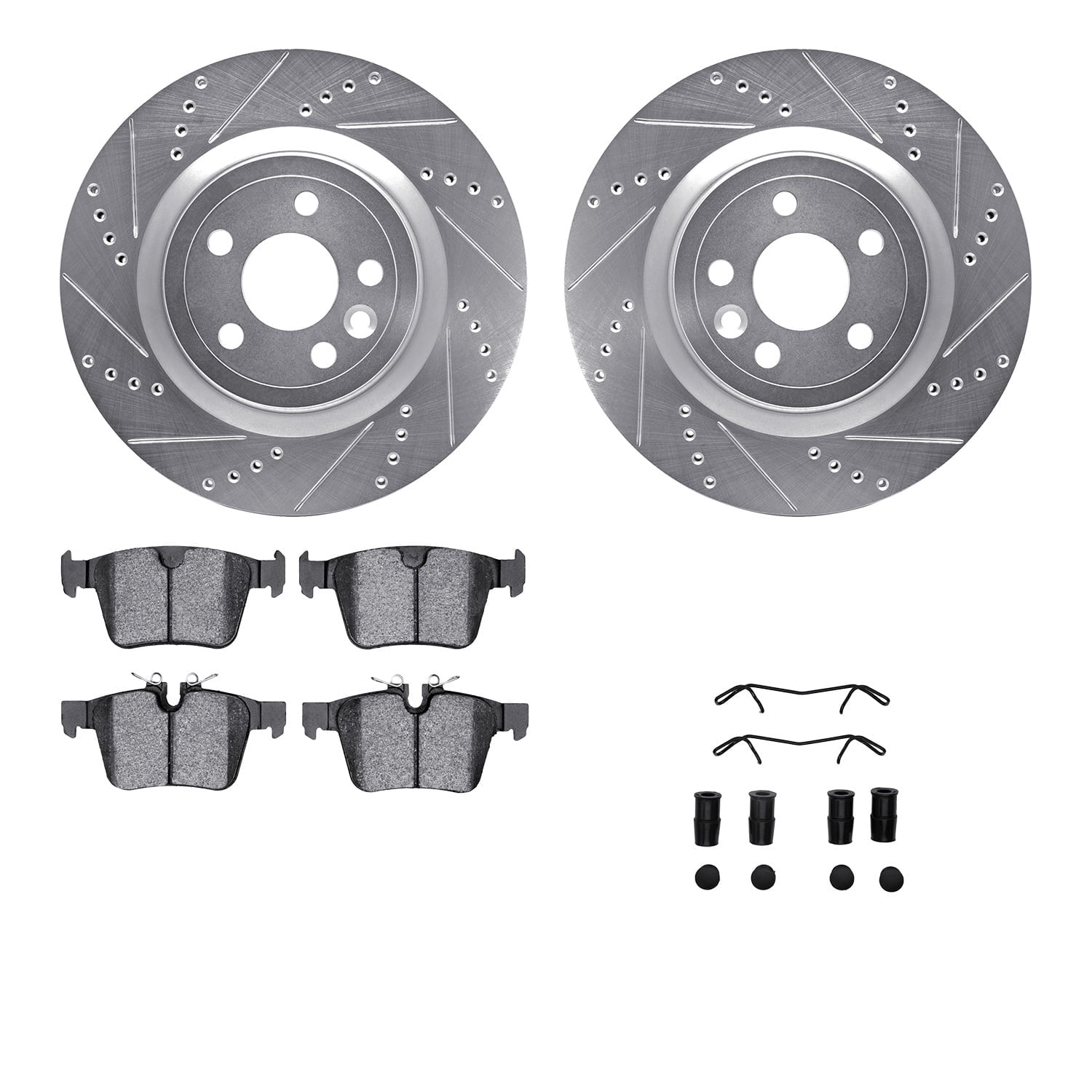 Dynamic Friction Company Rear Brake Rotors-Drilled and Slotted-Silver with 5000 Advanced Brake Pads includes Hardware 7512-20024