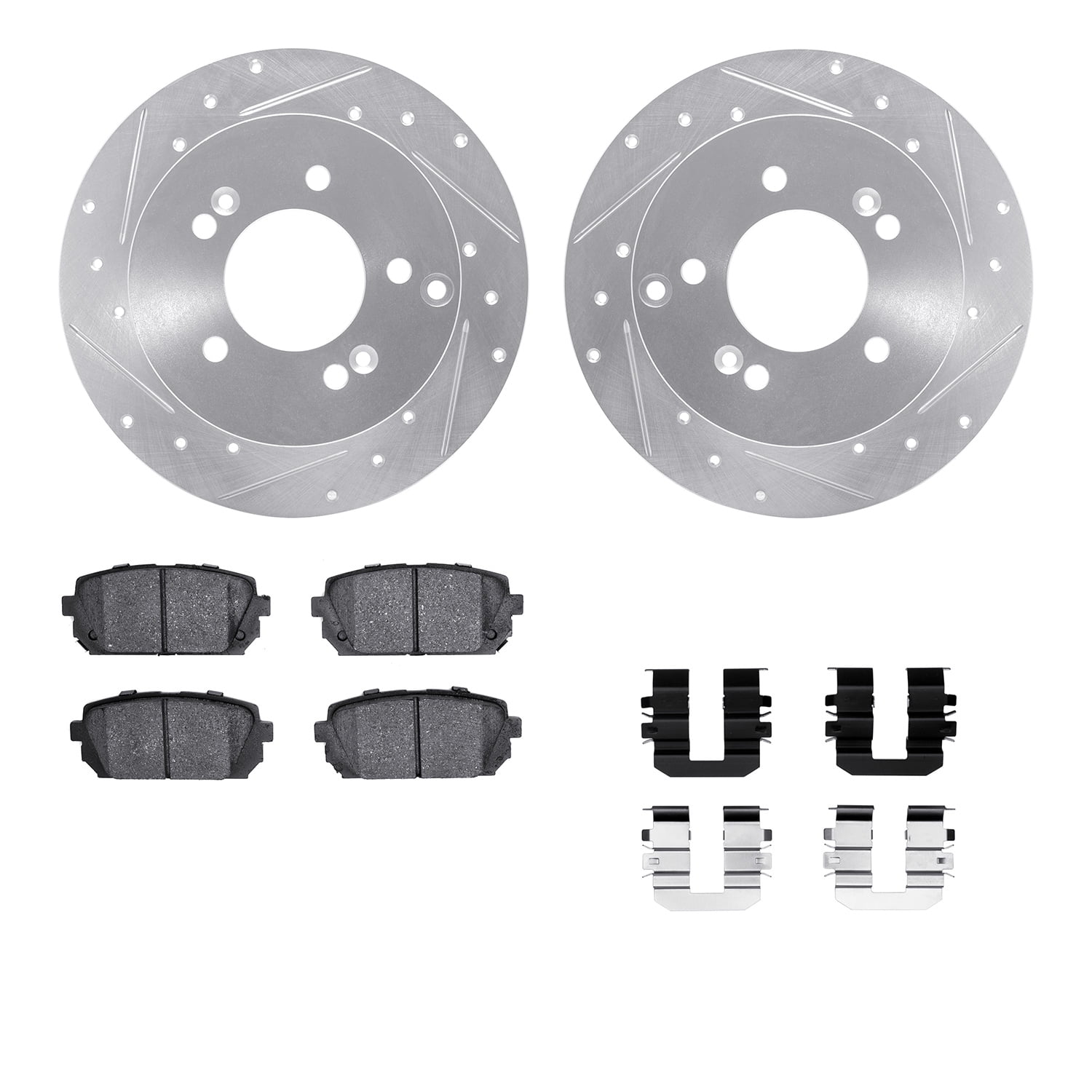 Dynamic Friction Company Rear Brake Rotors-Drilled and Slotted-Silver with 5000 Advanced Brake Pads includes Hardware 7512-21013