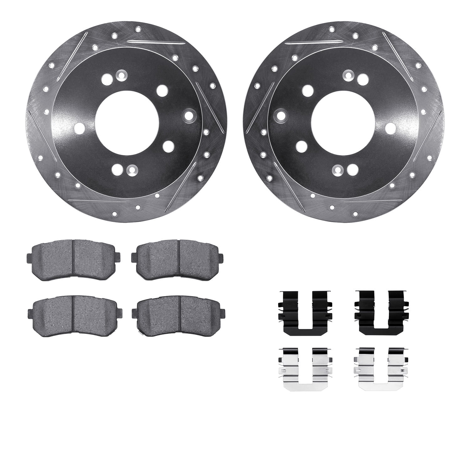 Dynamic Friction Company Rear Brake Rotors-Drilled and Slotted-Silver with 5000 Advanced Brake Pads includes Hardware 7512-21017