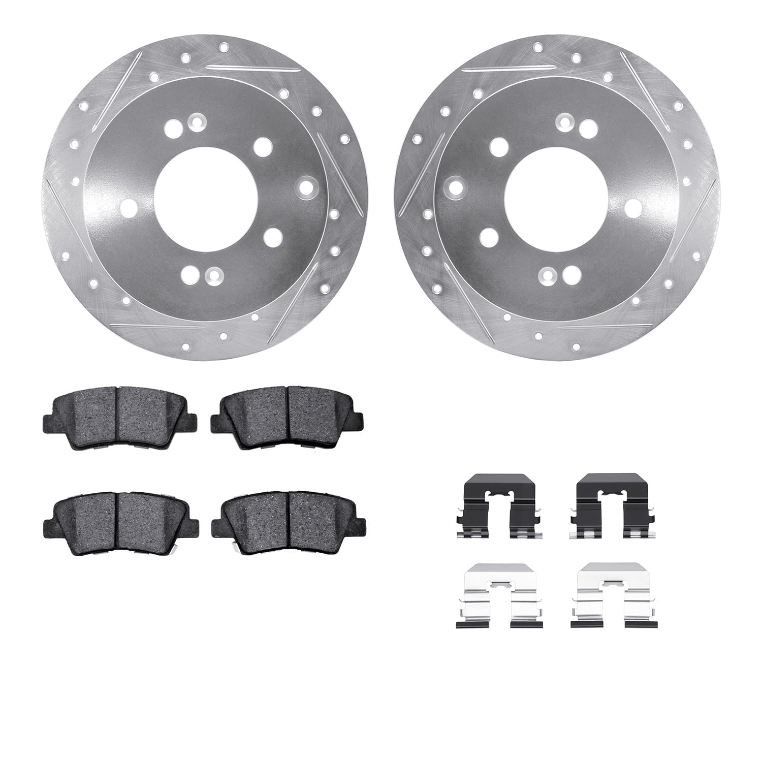 Dynamic Friction Company Rear Brake Rotors-Drilled and Slotted-Silver with 5000 Advanced Brake Pads includes Hardware 7512-21018