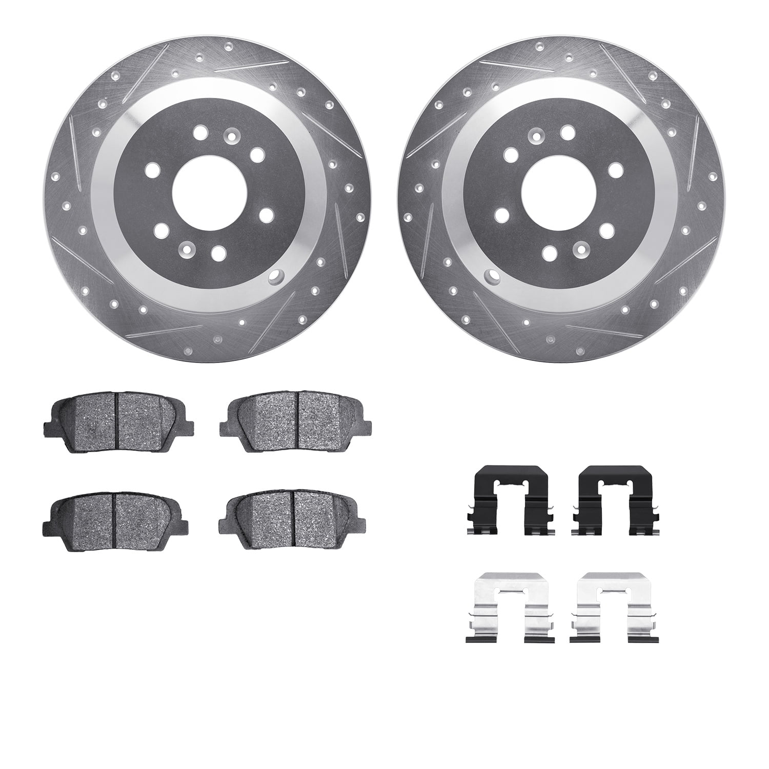 Dynamic Friction Company Rear Brake Rotors-Drilled and Slotted-Silver with 5000 Advanced Brake Pads includes Hardware 7512-21041