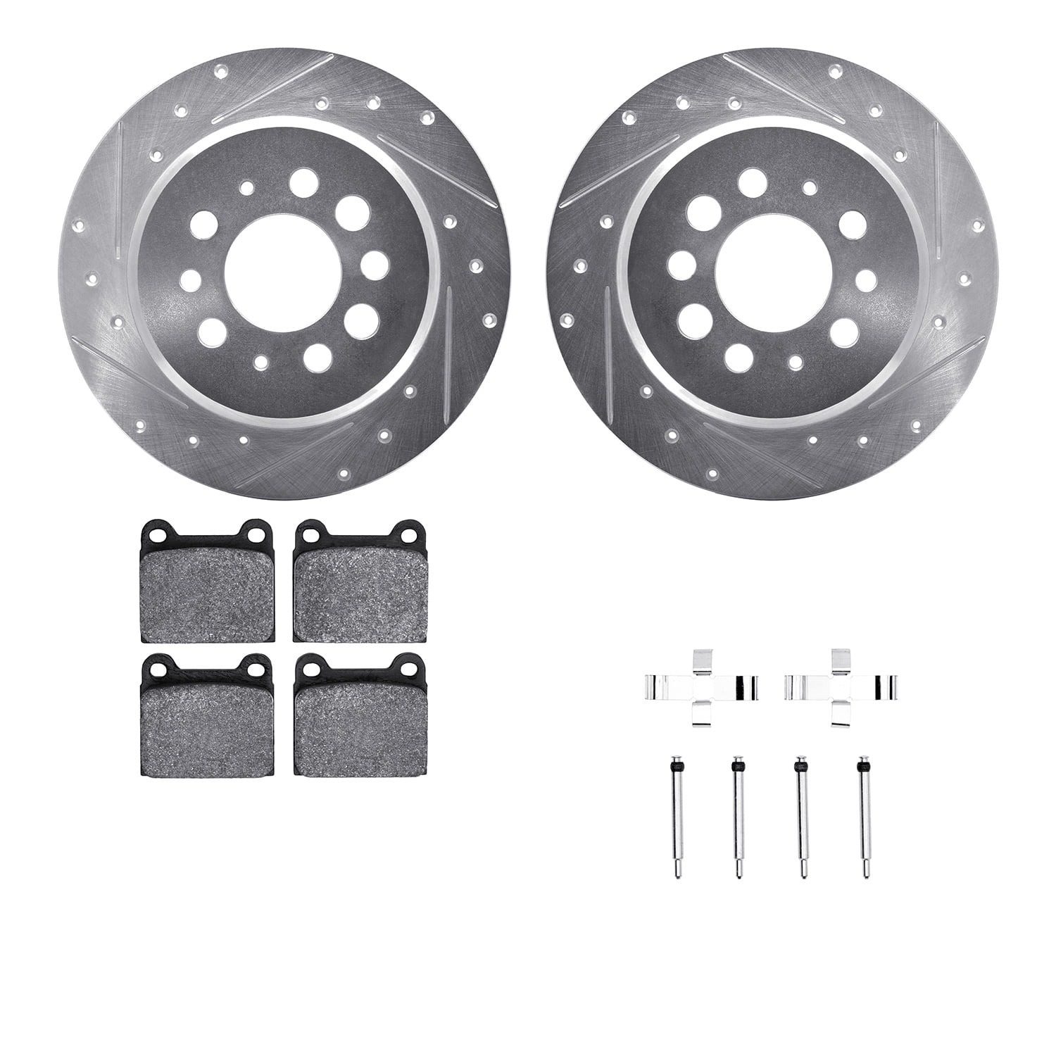 Dynamic Friction Company Rear Brake Rotors-Drilled and Slotted-Silver with 5000 Advanced Brake Pads includes Hardware 7512-27001