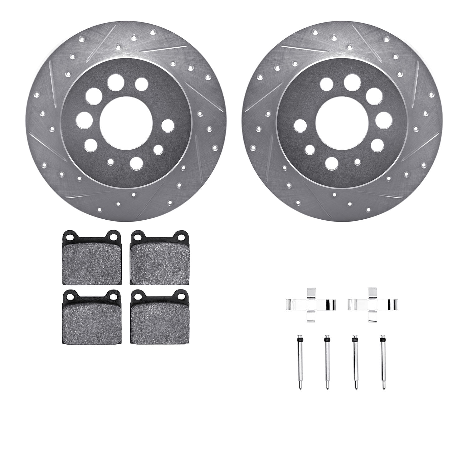 Dynamic Friction Company Rear Brake Rotors-Drilled and Slotted-Silver with 5000 Advanced Brake Pads includes Hardware 7512-27010