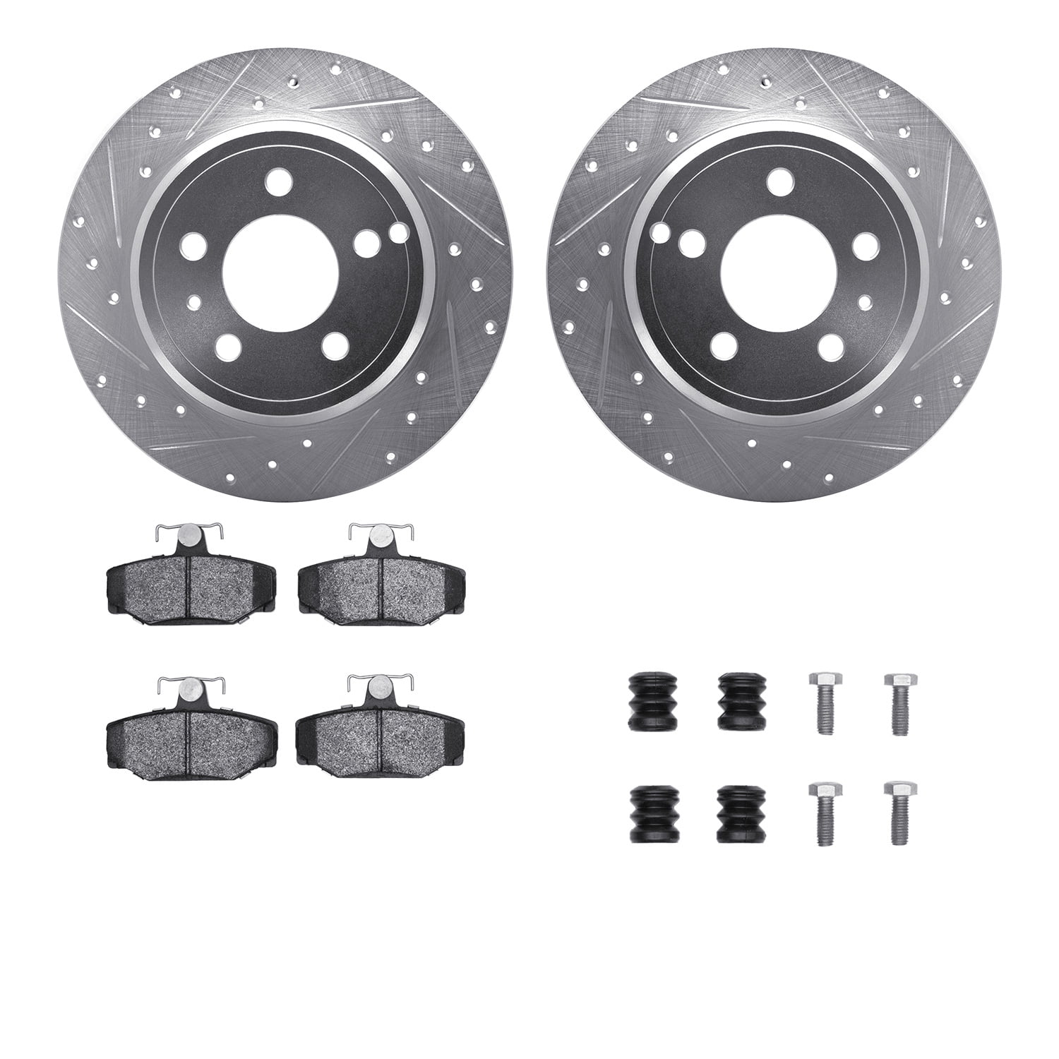 Dynamic Friction Company Rear Brake Rotors-Drilled and Slotted-Silver with 5000 Advanced Brake Pads includes Hardware 7512-27024