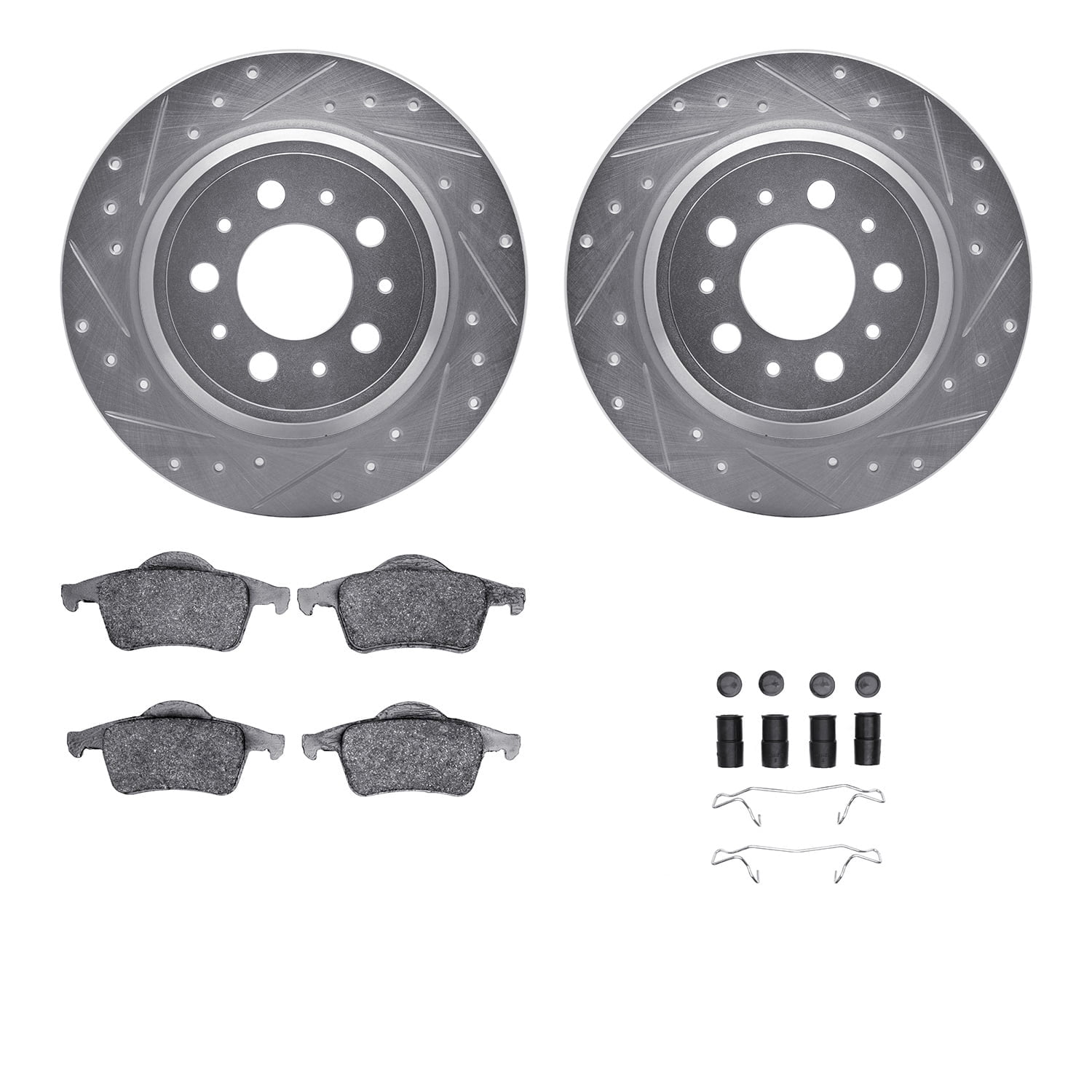 Dynamic Friction Company Rear Brake Rotors-Drilled and Slotted-Silver with 5000 Advanced Brake Pads includes Hardware 7512-27029