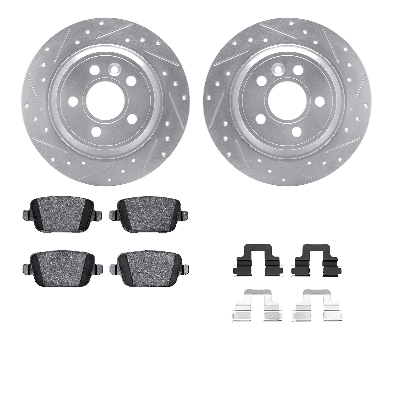 Dynamic Friction Company Rear Brake Rotors-Drilled and Slotted-Silver with 5000 Advanced Brake Pads includes Hardware 7512-27040
