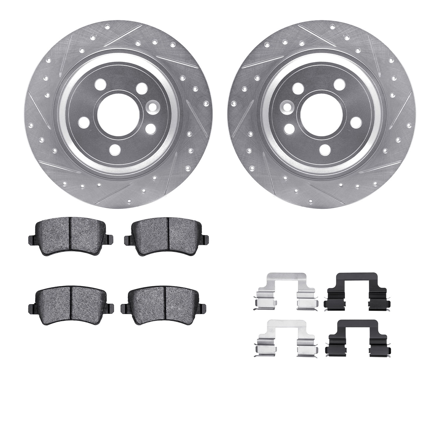 Dynamic Friction Company Rear Brake Rotors-Drilled and Slotted-Silver with 5000 Advanced Brake Pads includes Hardware 7512-27041