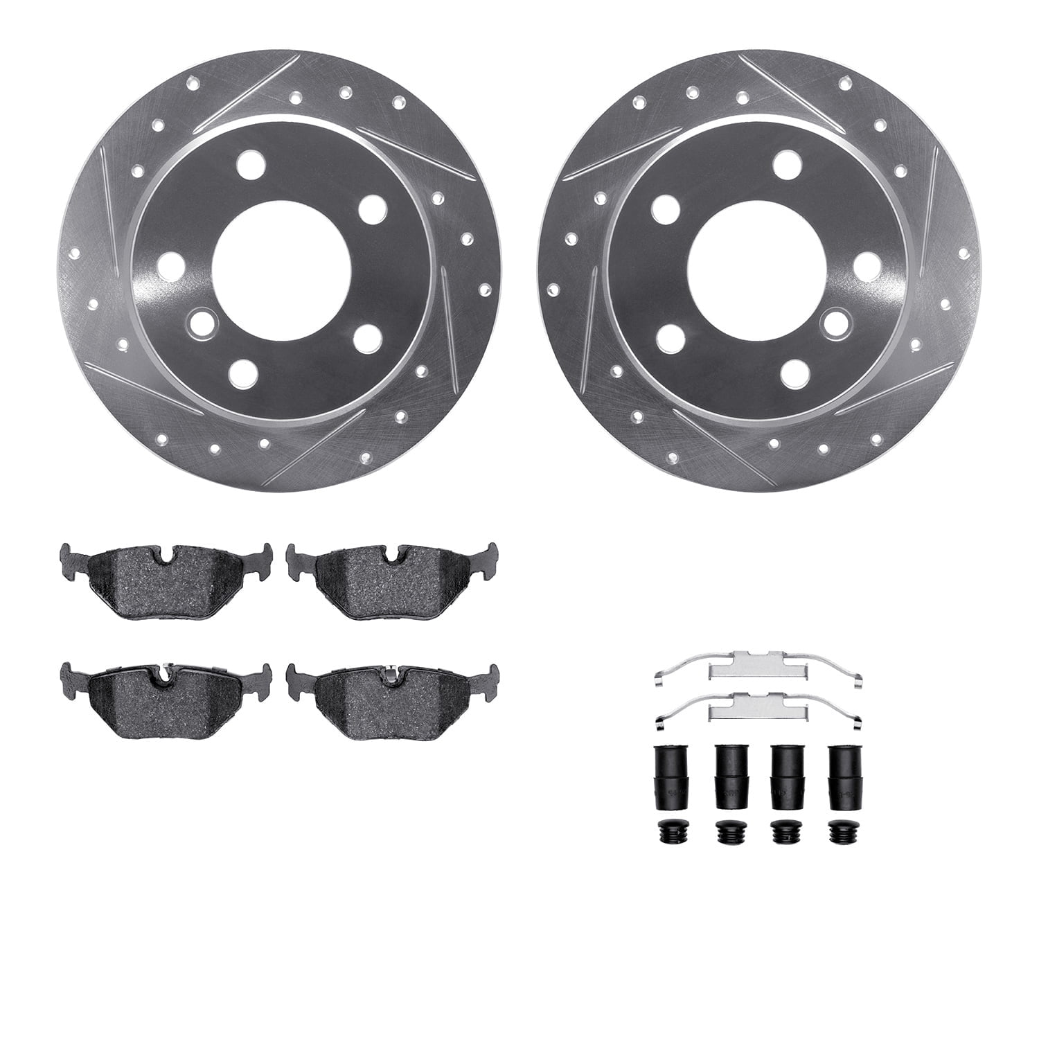 Dynamic Friction Company Rear Brake Rotors-Drilled and Slotted-Silver with 5000 Advanced Brake Pads includes Hardware 7512-31044