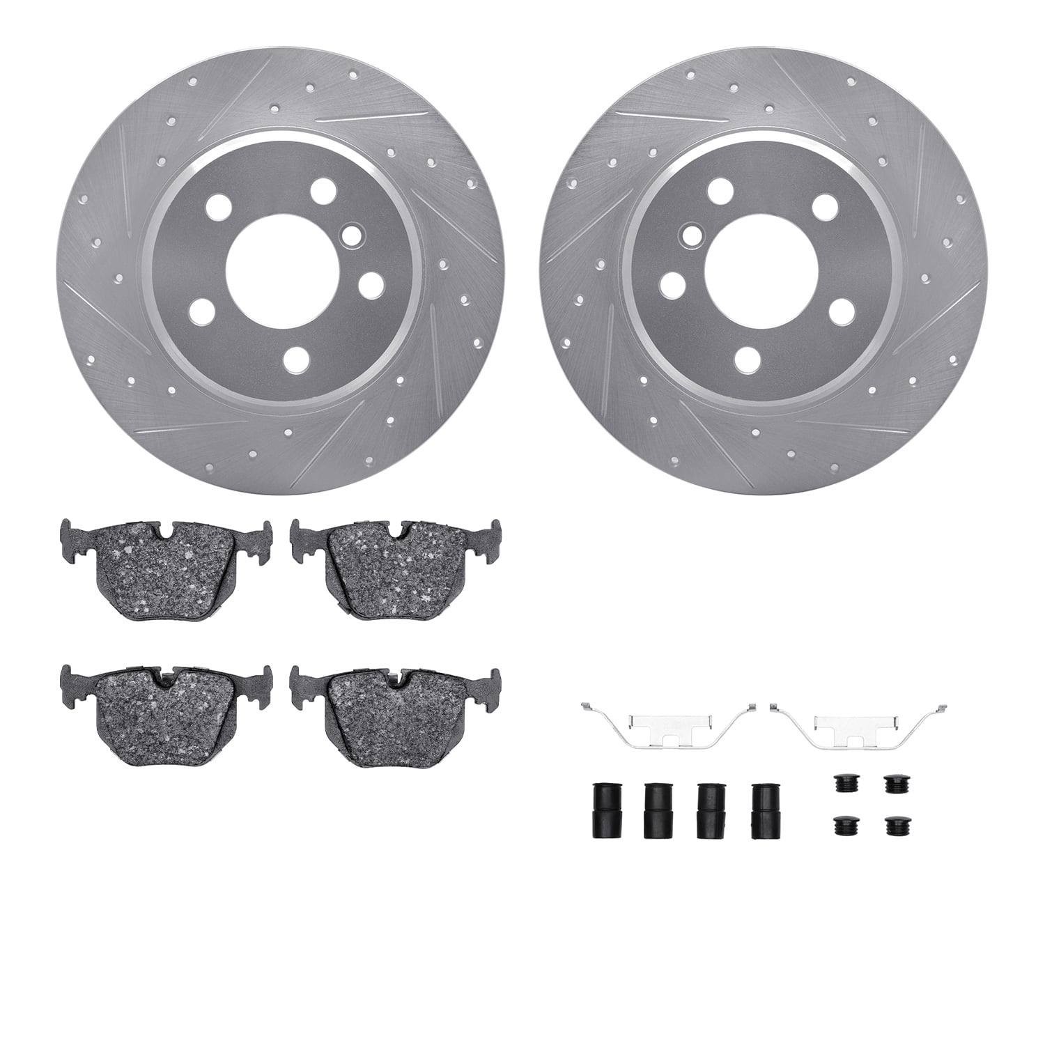 Dynamic Friction Company Rear Brake Rotors-Drilled and Slotted-Silver with 5000 Advanced Brake Pads includes Hardware 7512-31052