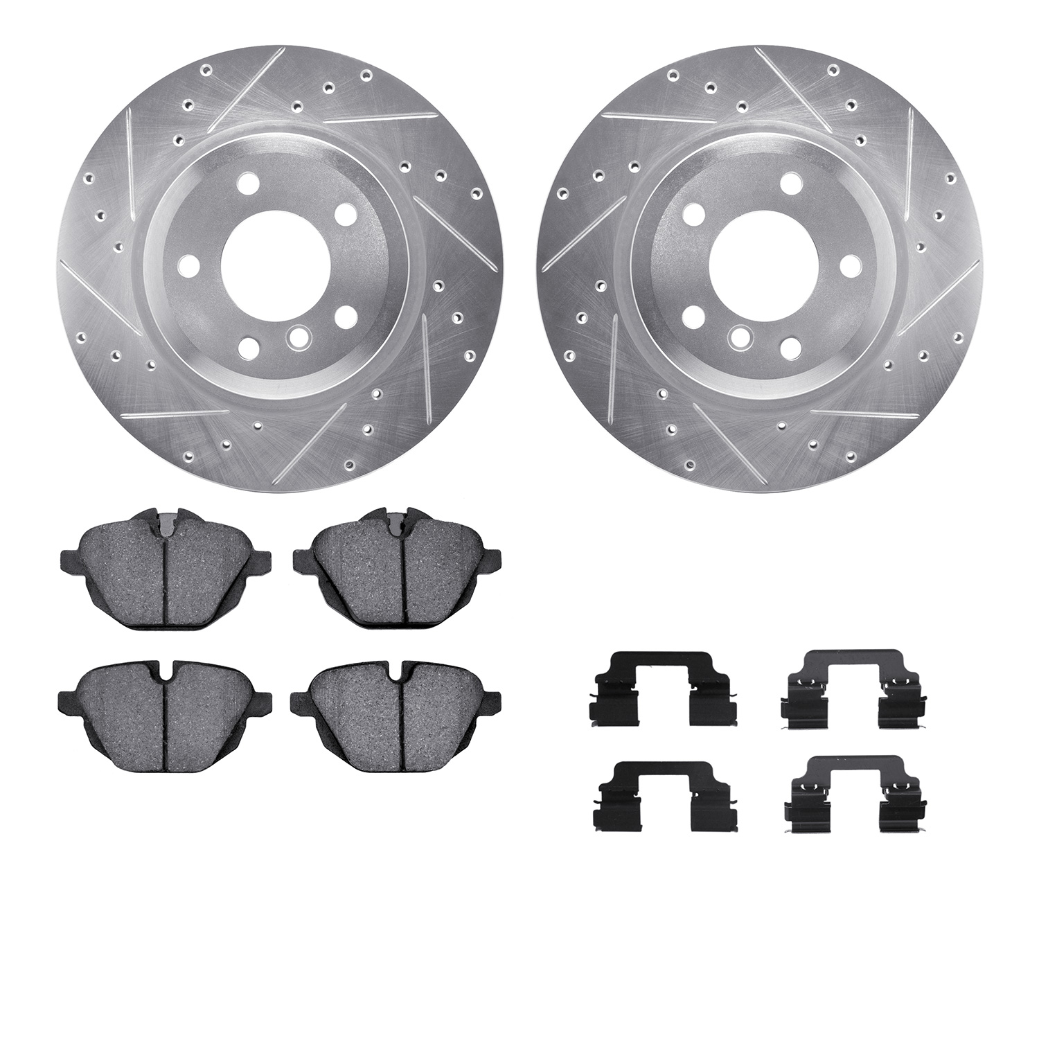 Dynamic Friction Company Rear Brake Rotors-Drilled and Slotted-Silver with 5000 Advanced Brake Pads includes Hardware 7512-31118