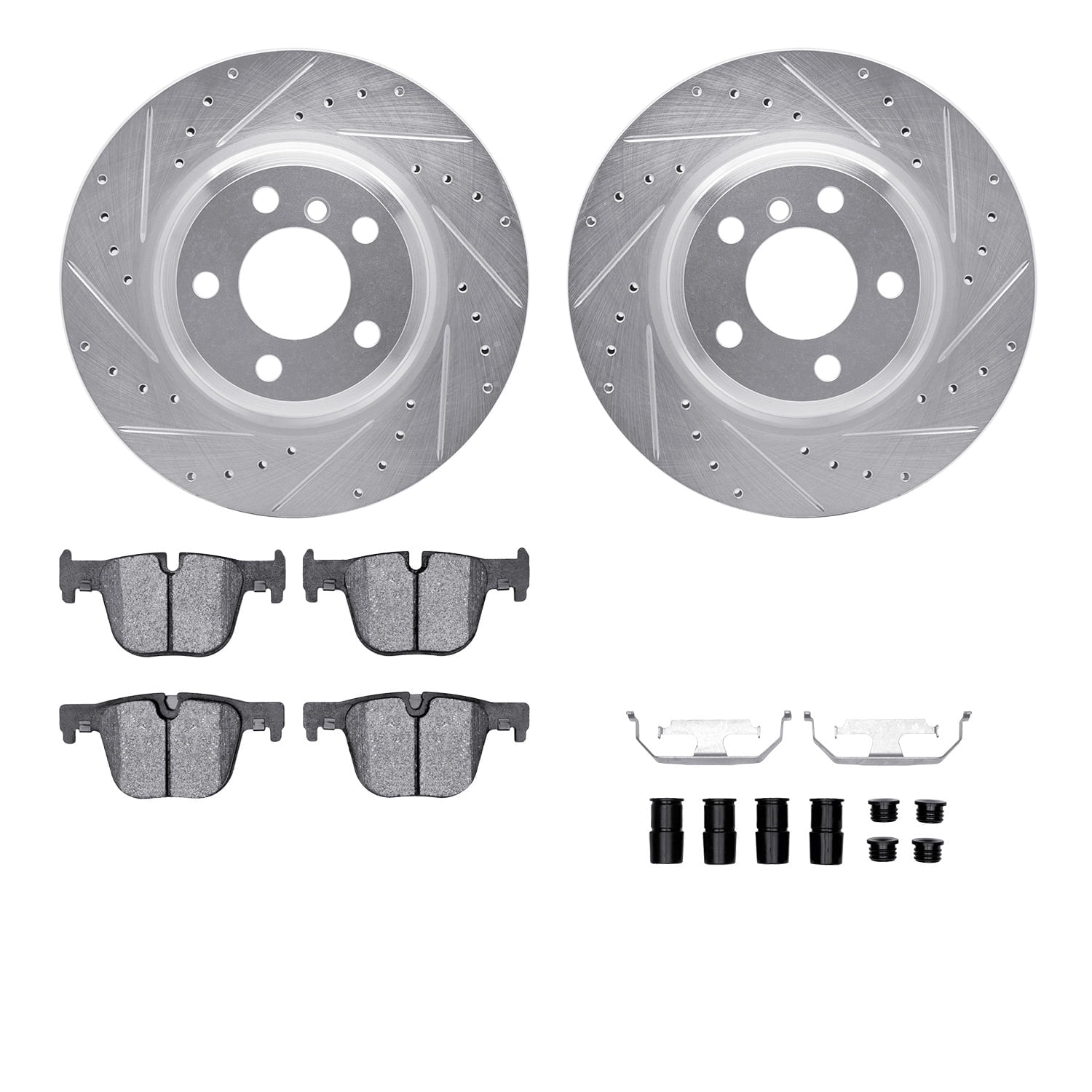 Dynamic Friction Company Rear Brake Rotors-Drilled and Slotted-Silver with 5000 Advanced Brake Pads includes Hardware 7512-31123