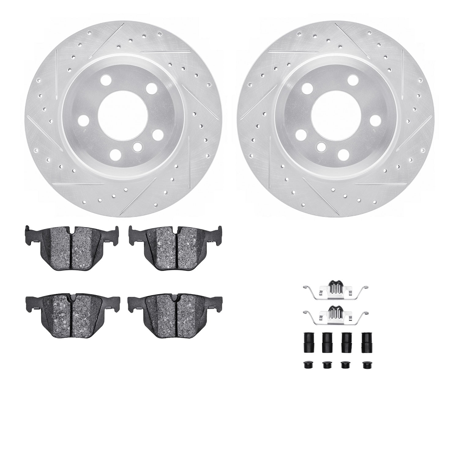 Dynamic Friction Company Rear Brake Rotors-Drilled and Slotted-Silver with 5000 Advanced Brake Pads includes Hardware 7512-31141