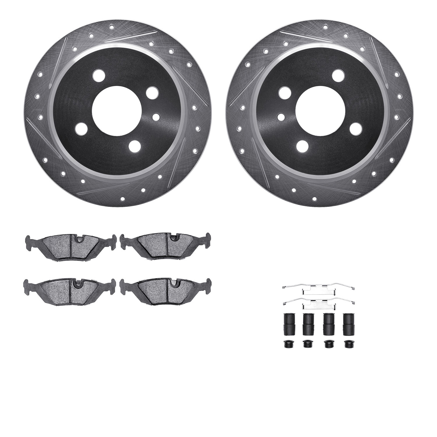 Dynamic Friction Company Rear Brake Rotors-Drilled and Slotted-Silver with 5000 Advanced Brake Pads includes Hardware 7512-31152