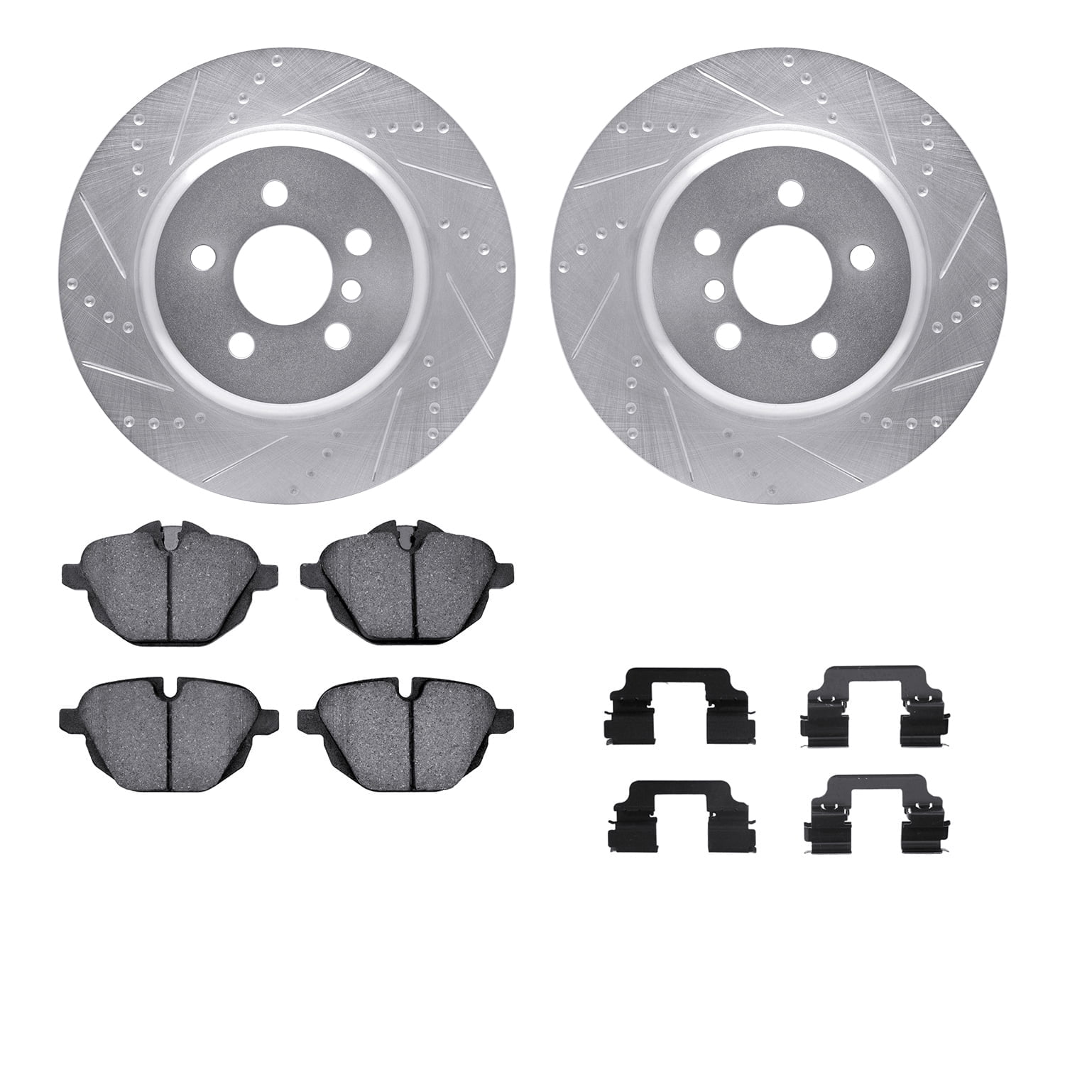 Dynamic Friction Company Rear Brake Rotors-Drilled and Slotted-Silver with 5000 Advanced Brake Pads includes Hardware 7512-31158