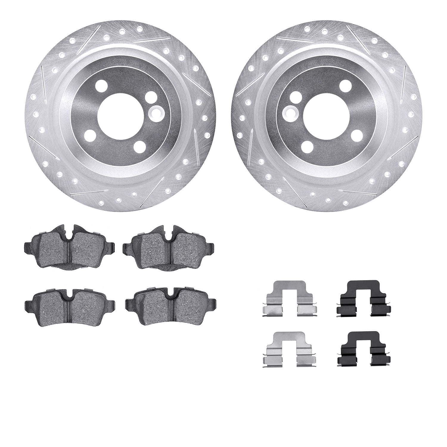 Dynamic Friction Company Rear Brake Rotors-Drilled and Slotted-Silver with 5000 Advanced Brake Pads includes Hardware 7512-32008