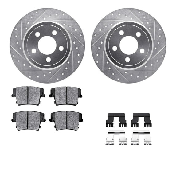 Dynamic Friction Company Rear Brake Rotors-Drilled and Slotted-Silver with 5000 Advanced Brake Pads includes Hardware 7512-39006
