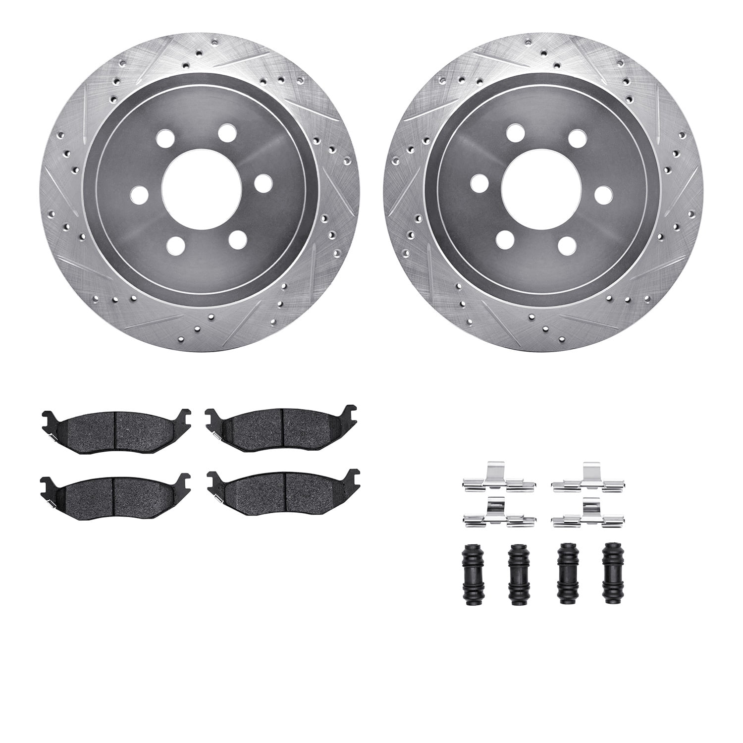 Dynamic Friction Company Rear Brake Rotors-Drilled and Slotted-Silver with 5000 Advanced Brake Pads includes Hardware 7512-40085