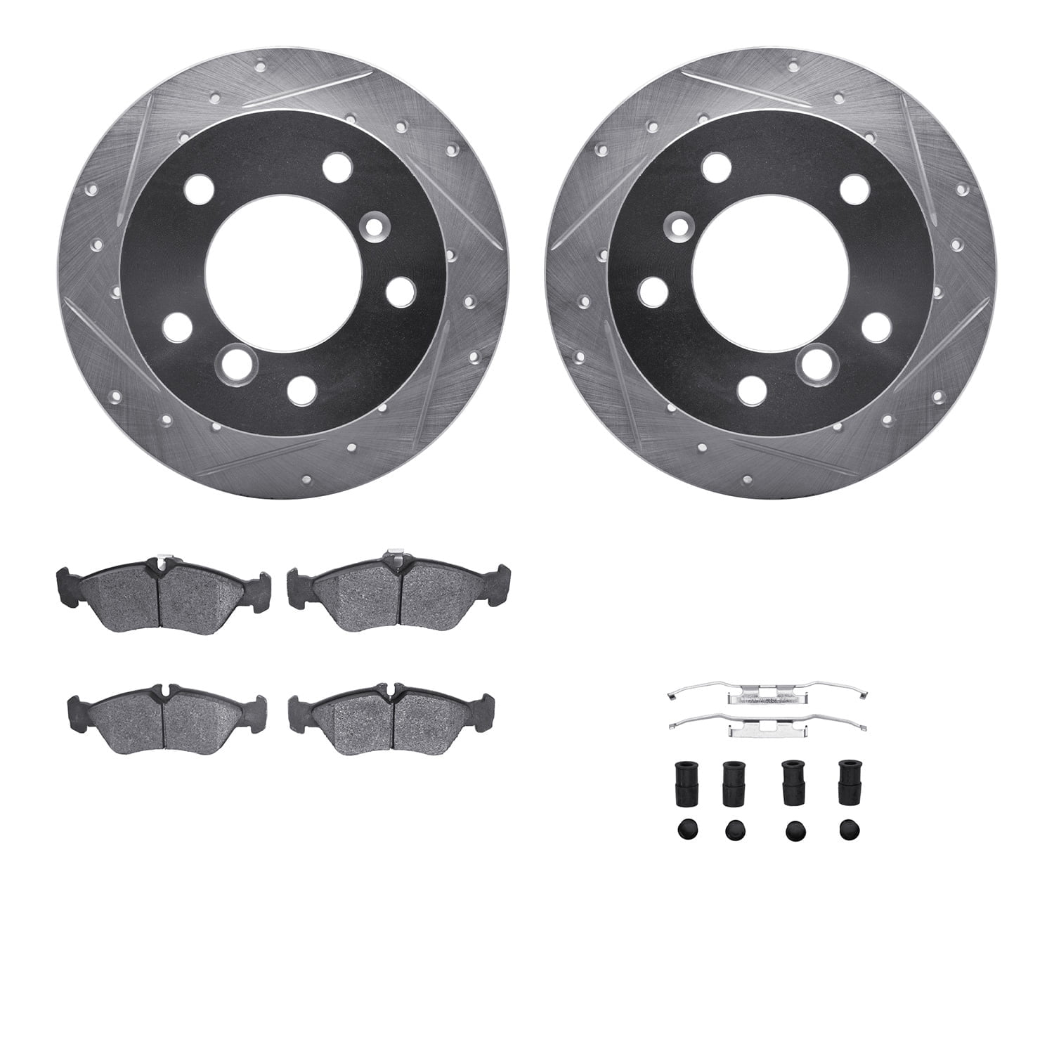 Dynamic Friction Company Rear Brake Rotors-Drilled and Slotted-Silver with 5000 Advanced Brake Pads includes Hardware 7512-40237