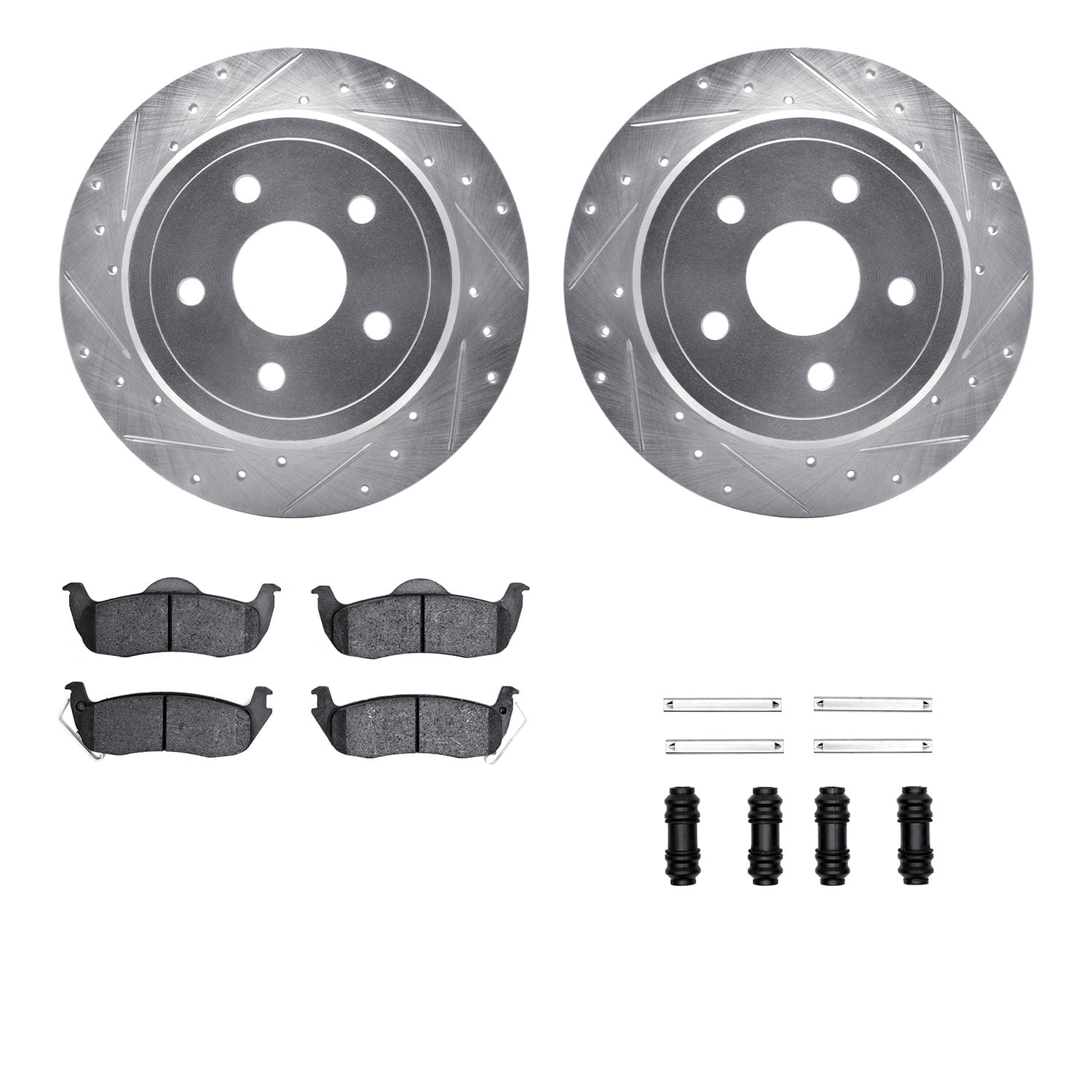 Dynamic Friction Company Rear Brake Rotors-Drilled and Slotted-Silver with 5000 Advanced Brake Pads includes Hardware 7512-42028