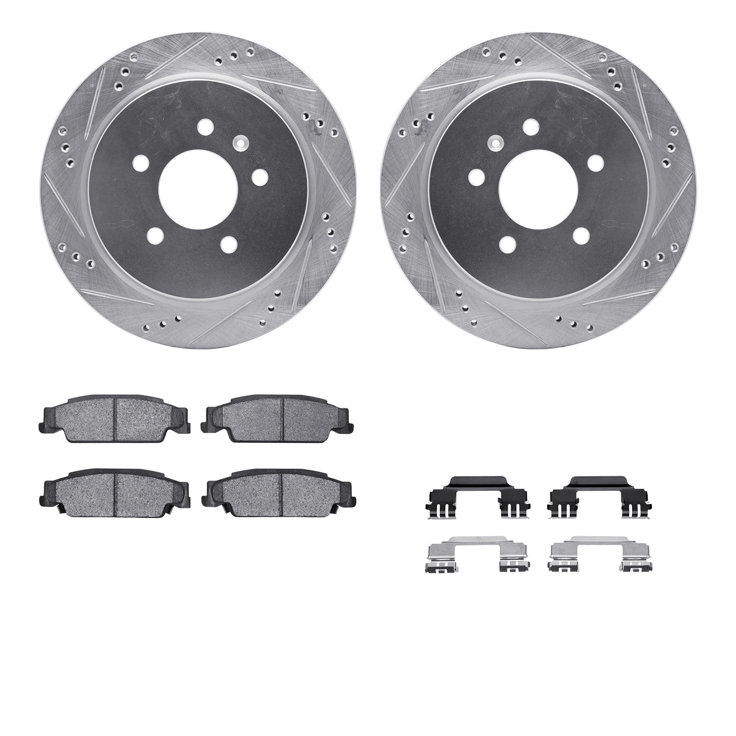 Dynamic Friction Company Rear Brake Rotors-Drilled and Slotted-Silver with 5000 Advanced Brake Pads includes Hardware 7512-46007