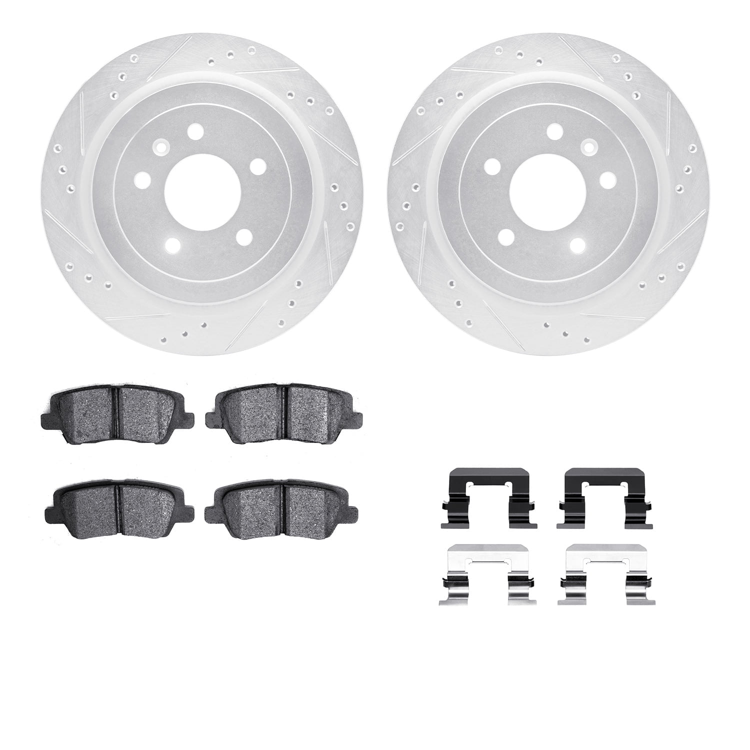 Dynamic Friction Company Rear Brake Rotors-Drilled and Slotted-Silver with 5000 Advanced Brake Pads includes Hardware 7512-46024