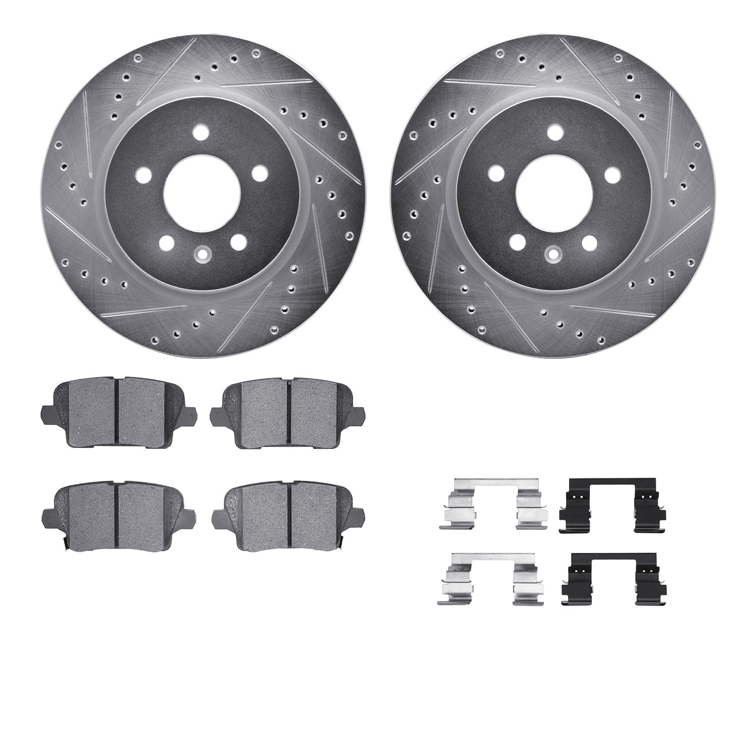 Dynamic Friction Company Rear Brake Rotors-Drilled and Slotted-Silver with 5000 Advanced Brake Pads includes Hardware 7512-46052