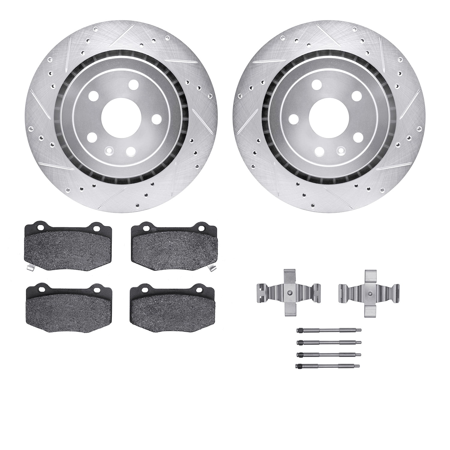 Dynamic Friction Company Rear Brake Rotors-Drilled and Slotted-Silver with 5000 Advanced Brake Pads includes Hardware 7512-47044