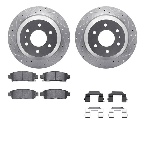 Dynamic Friction Company Rear Brake Rotors-Drilled and Slotted-Silver with 5000 Advanced Brake Pads includes Hardware 7512-48048