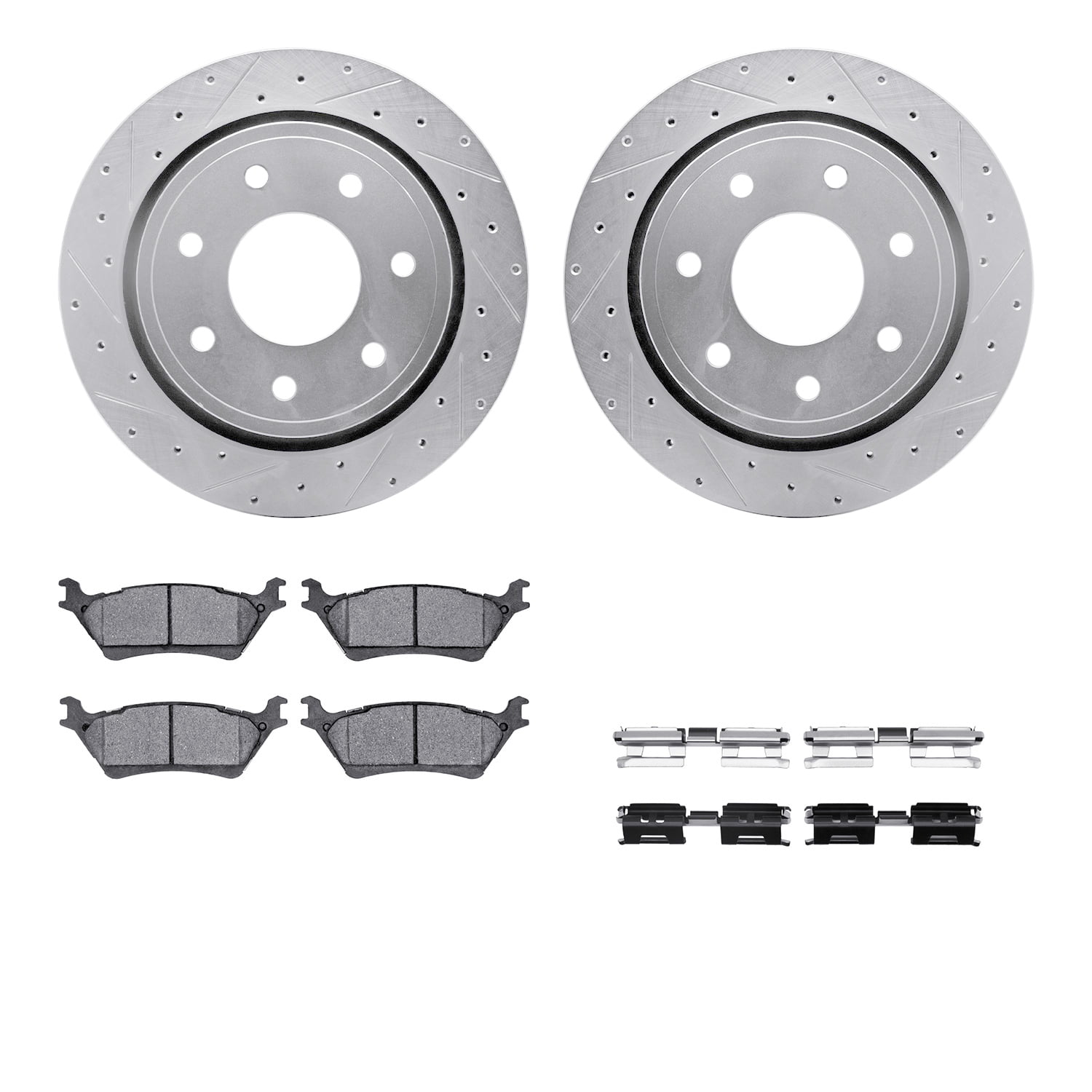 Dynamic Friction Company Rear Brake Rotors-Drilled and Slotted-Silver with 5000 Advanced Brake Pads includes Hardware 7512-54207
