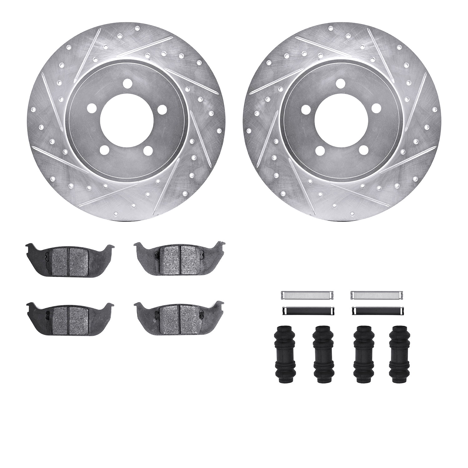 Dynamic Friction Company Rear Brake Rotors-Drilled and Slotted-Silver with 5000 Advanced Brake Pads includes Hardware 7512-55006
