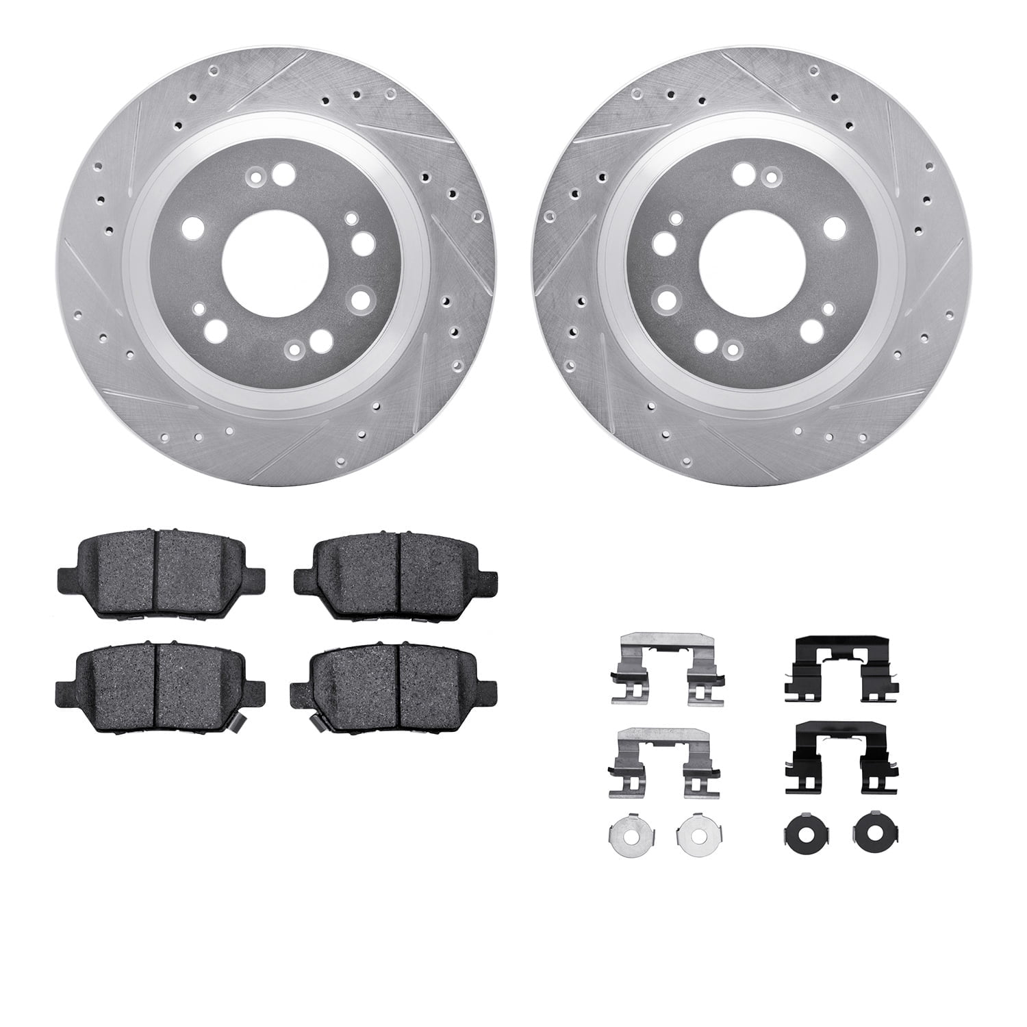 Dynamic Friction Company Rear Brake Rotors-Drilled and Slotted-Silver with 5000 Advanced Brake Pads includes Hardware 7512-58028