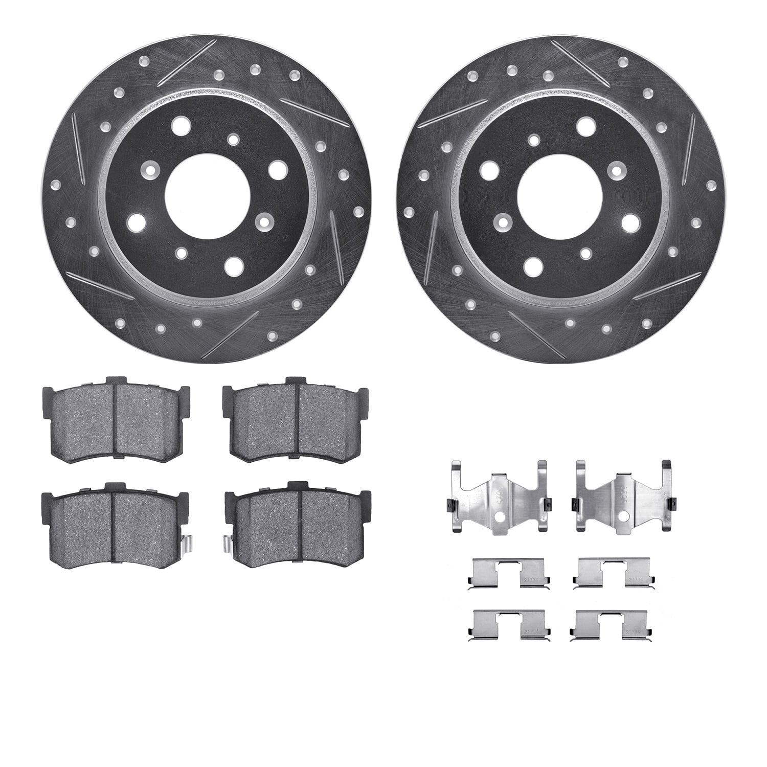 Dynamic Friction Company Rear Brake Rotors-Drilled and Slotted-Silver with 5000 Advanced Brake Pads includes Hardware 7512-59006