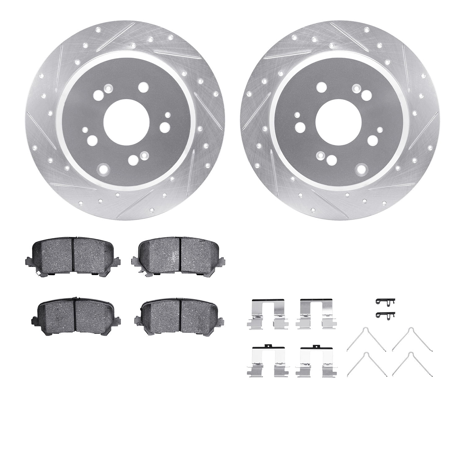 Dynamic Friction Company Rear Brake Rotors-Drilled and Slotted-Silver with 5000 Advanced Brake Pads includes Hardware 7512-59102