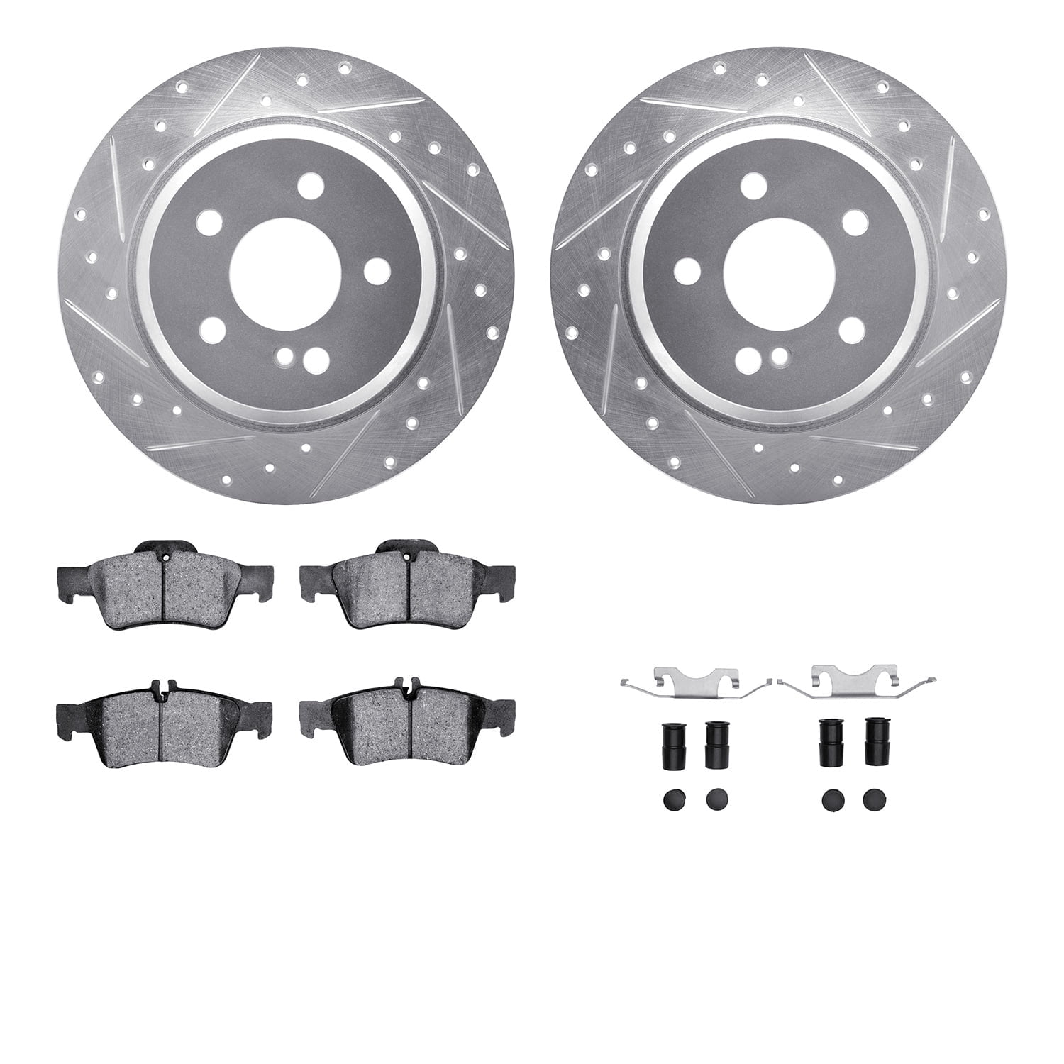 Dynamic Friction Company Rear Brake Rotors-Drilled and Slotted-Silver with 5000 Advanced Brake Pads includes Hardware 7512-63049