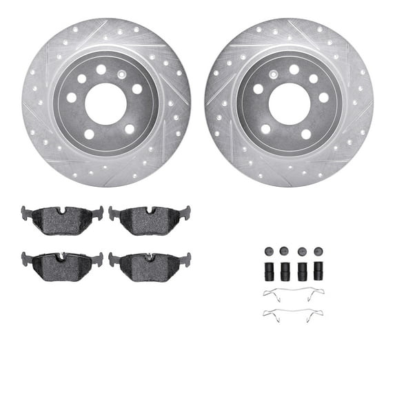 Dynamic Friction Company Rear Brake Rotors-Drilled and Slotted-Silver with 5000 Advanced Brake Pads includes Hardware 7512-65008