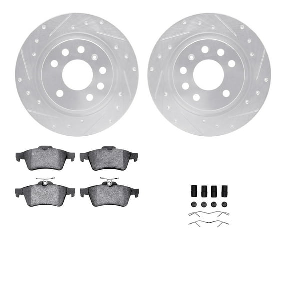 Dynamic Friction Company Rear Brake Rotors-Drilled and Slotted-Silver with 5000 Advanced Brake Pads includes Hardware 7512-65017