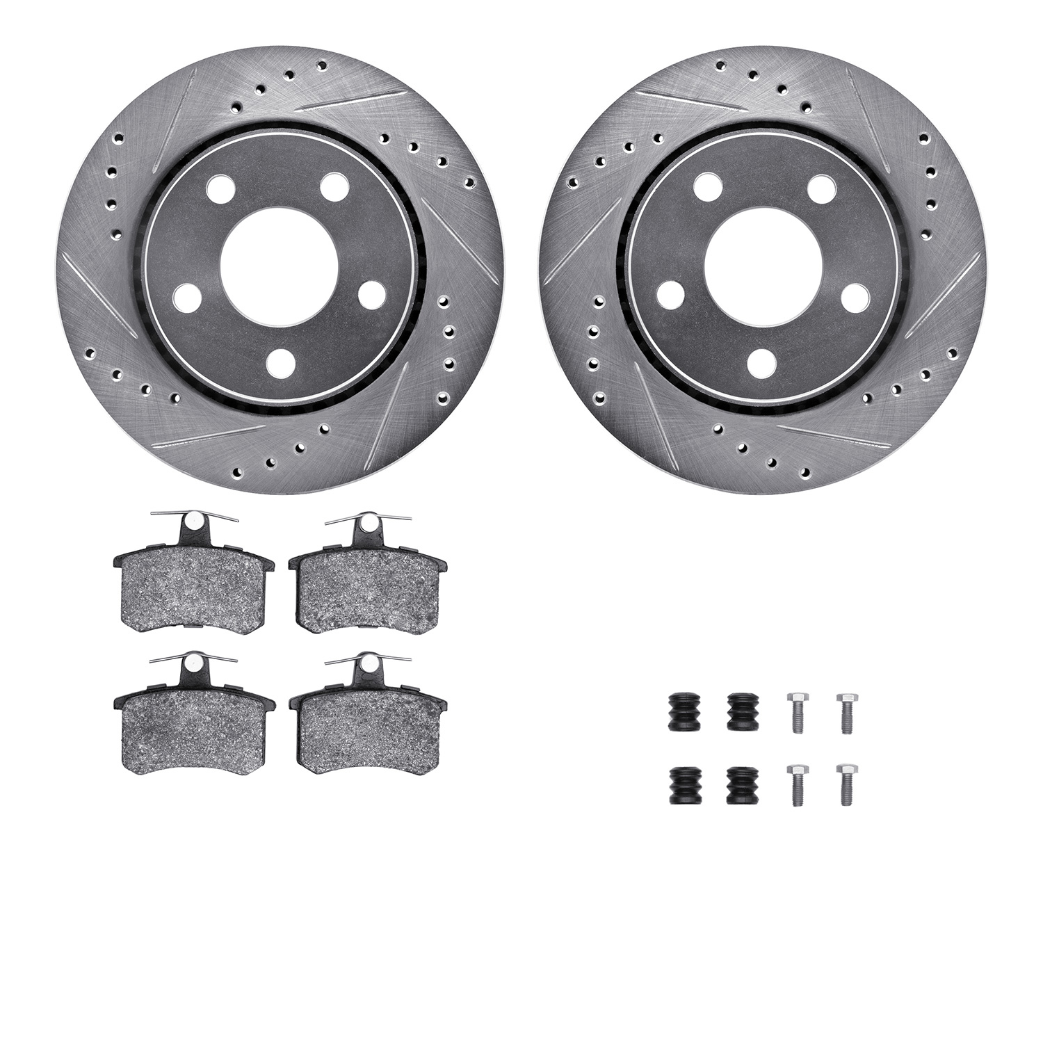 Dynamic Friction Company Rear Brake Rotors-Drilled and Slotted-Silver with 5000 Advanced Brake Pads includes Hardware 7512-73004