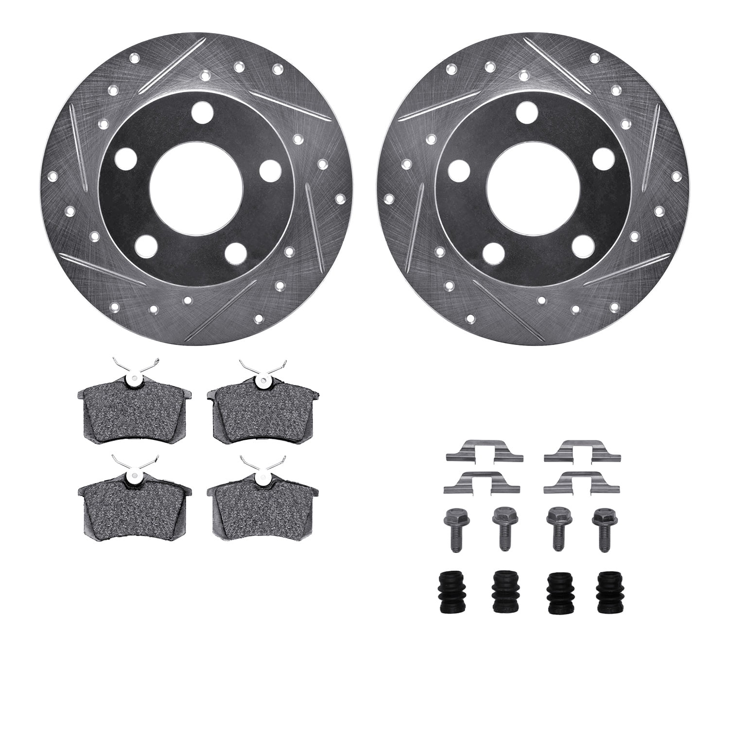 Dynamic Friction Company Rear Brake Rotors-Drilled and Slotted-Silver with 5000 Advanced Brake Pads includes Hardware 7512-73026