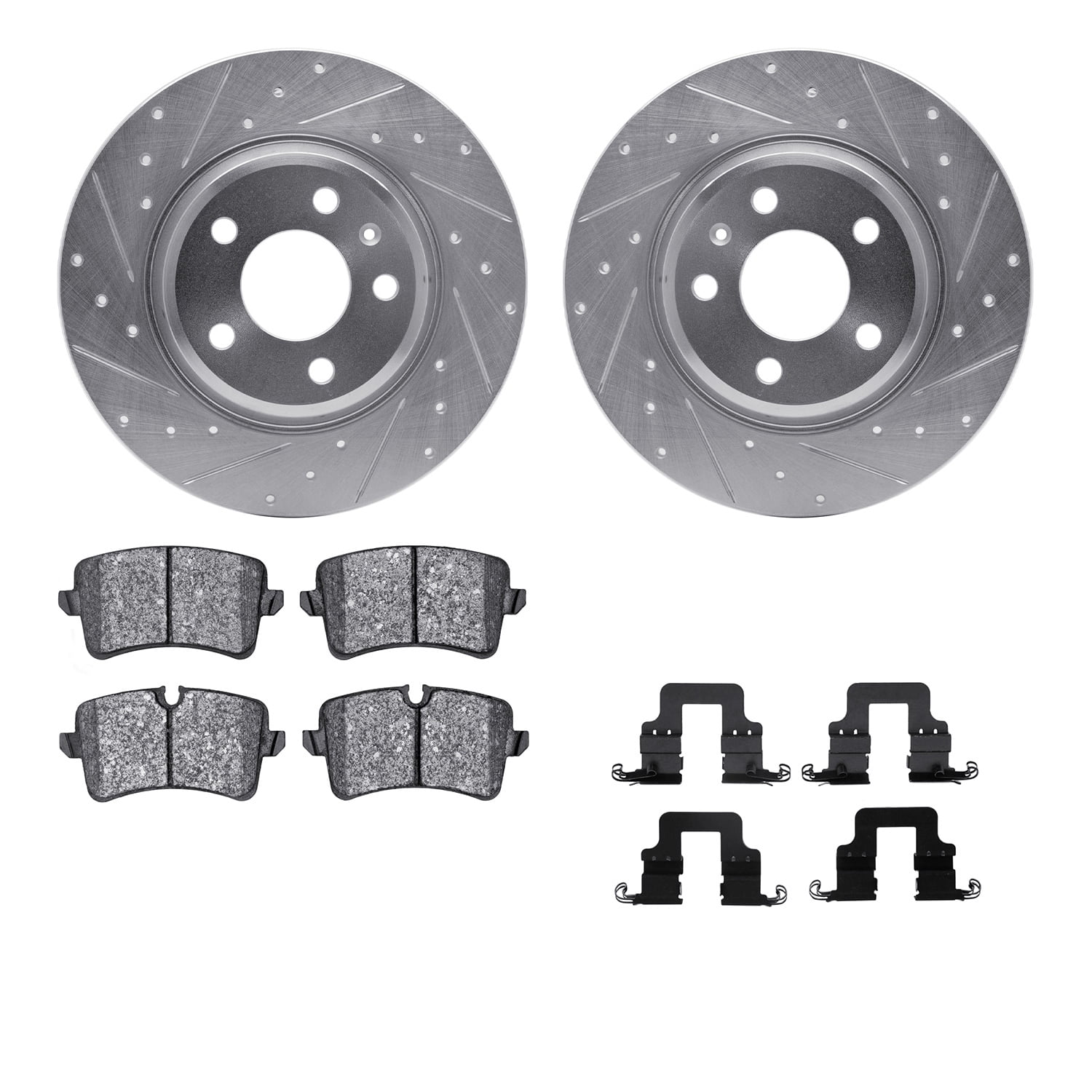Dynamic Friction Company Rear Brake Rotors-Drilled and Slotted-Silver with 5000 Advanced Brake Pads includes Hardware 7512-73076