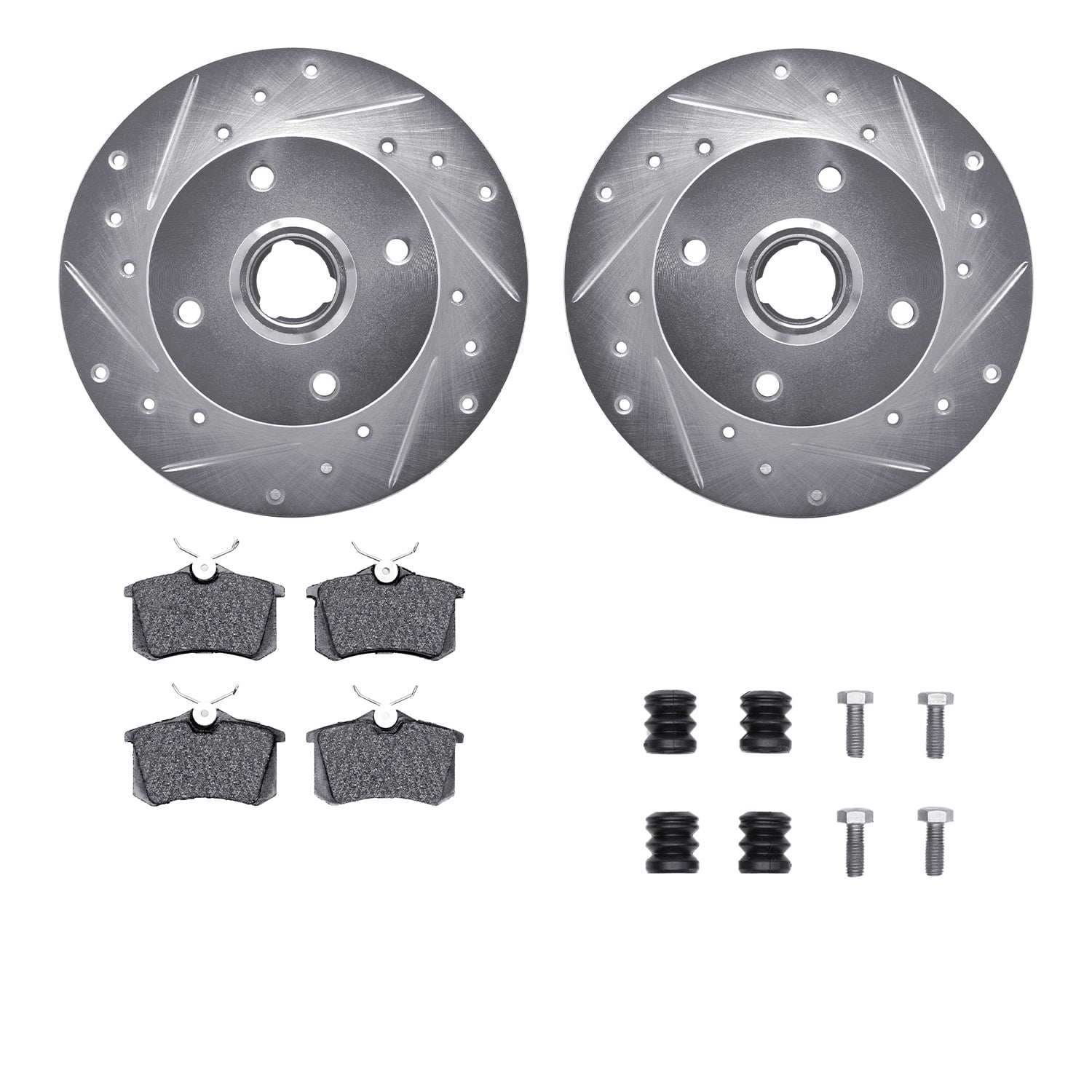 Dynamic Friction Company Rear Brake Rotors-Drilled and Slotted-Silver with 5000 Advanced Brake Pads includes Hardware 7512-74007