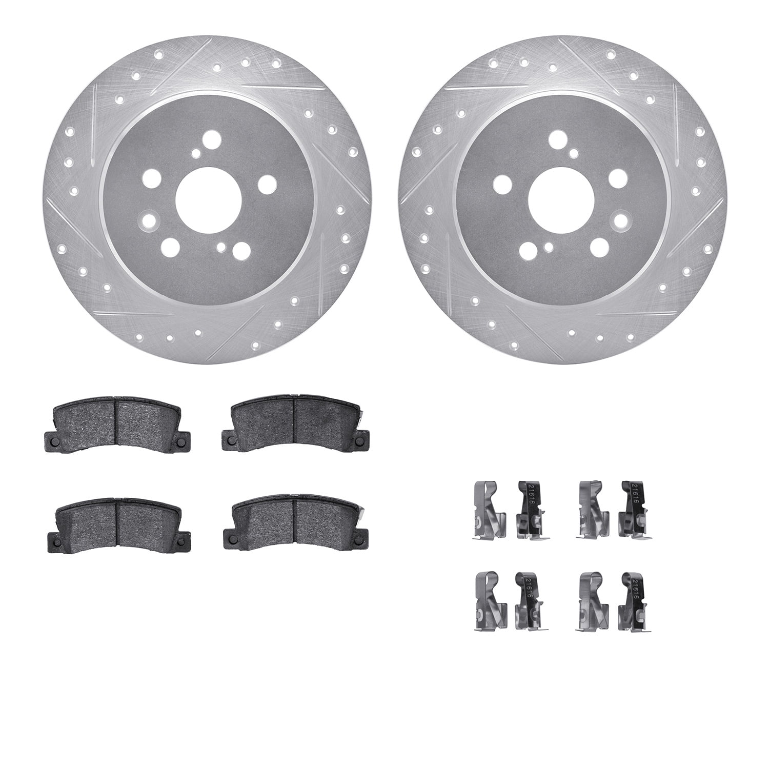 Dynamic Friction Company Rear Brake Rotors-Drilled and Slotted-Silver with 5000 Advanced Brake Pads includes Hardware 7512-76041