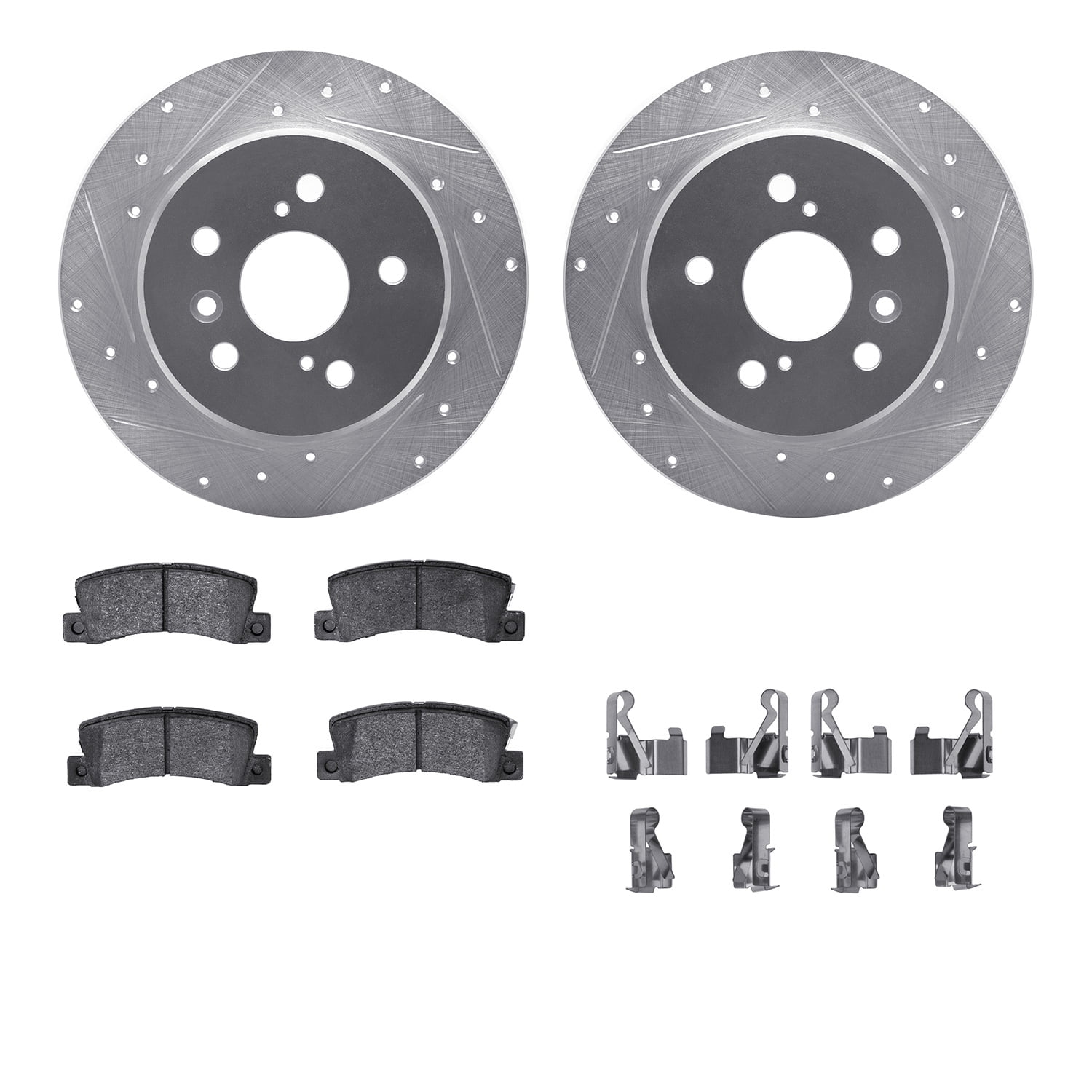 Dynamic Friction Company Rear Brake Rotors-Drilled and Slotted-Silver with 5000 Advanced Brake Pads includes Hardware 7512-76060