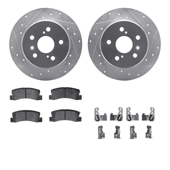 Dynamic Friction Company Rear Brake Rotors-Drilled and Slotted-Silver with 5000 Advanced Brake Pads includes Hardware 7512-76060